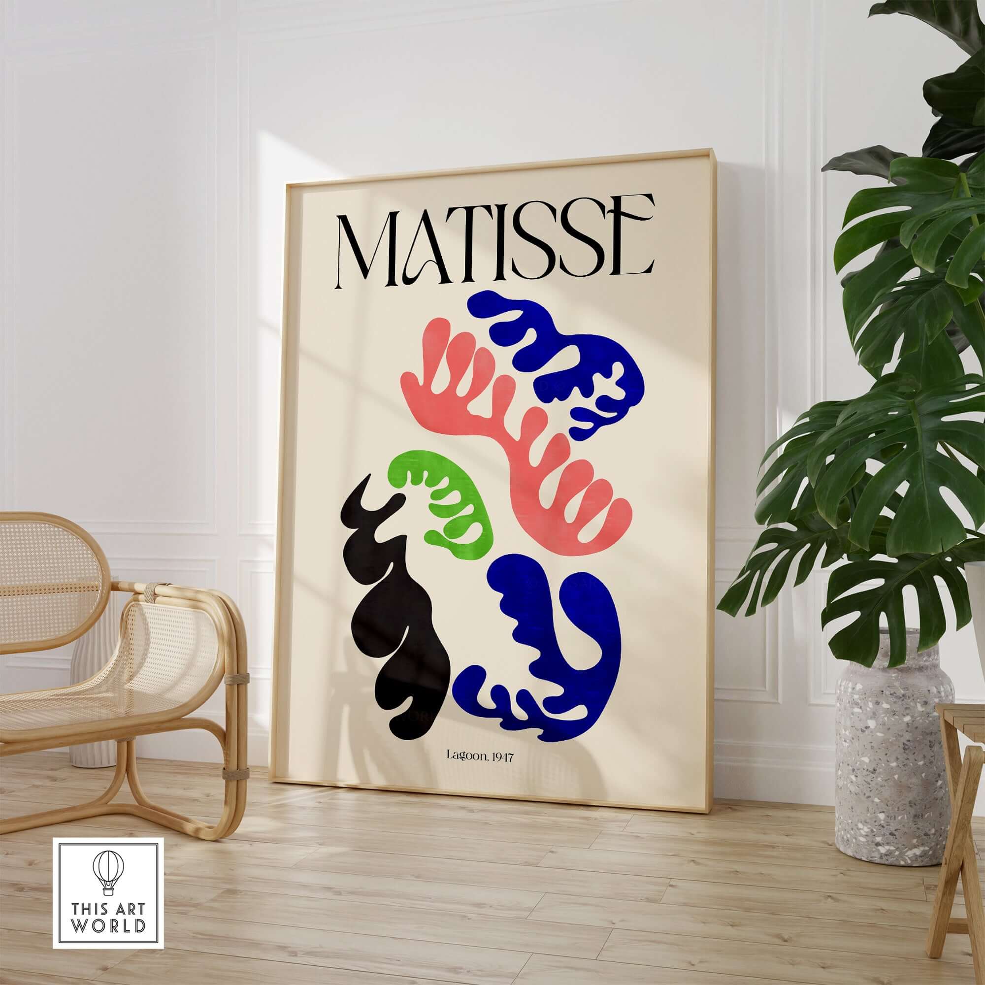 Matisse Art Print Lagoon 1947 Abstract Organic Shapes Wall Art Print framed in modern decor setting.