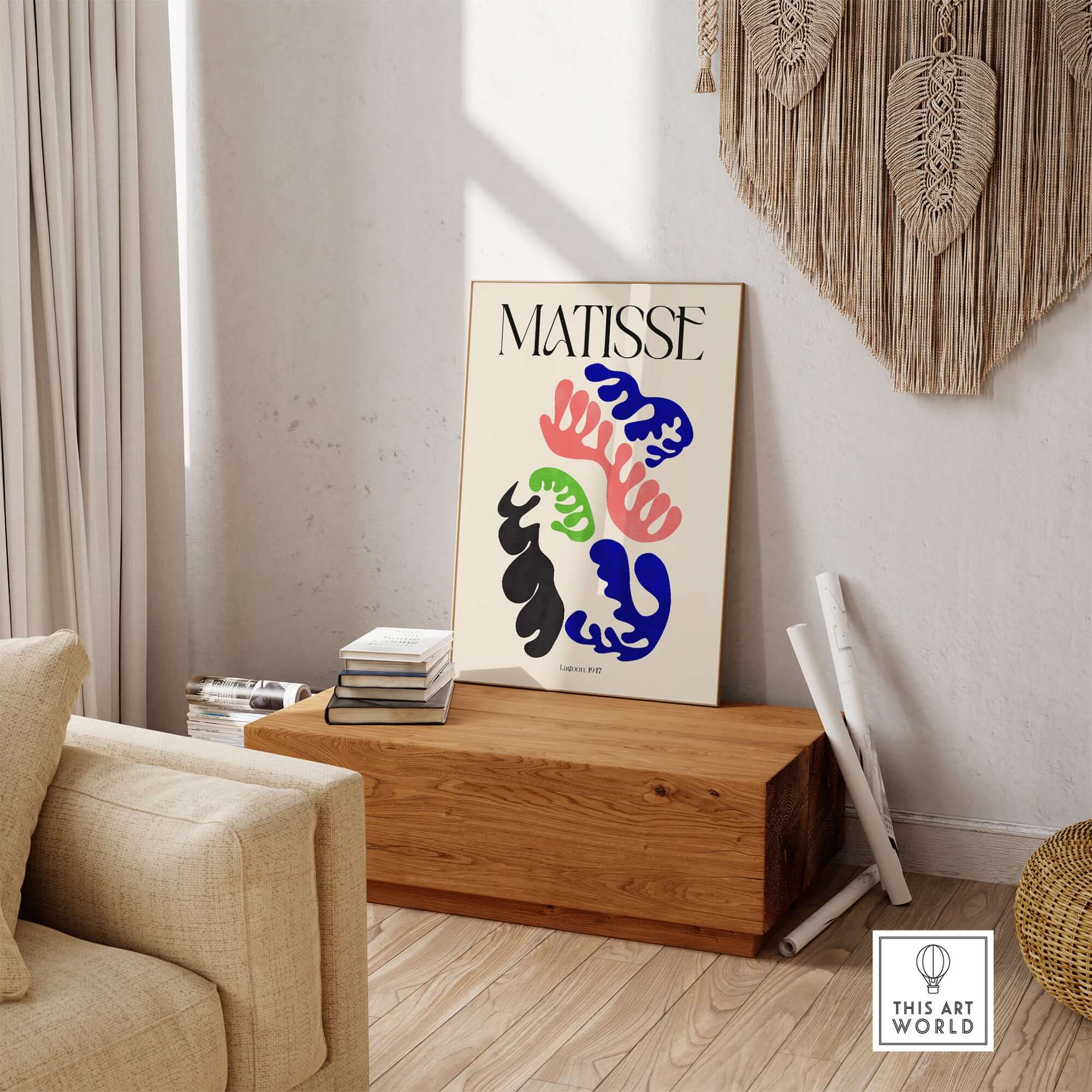 Matisse Art Print Lagoon 1947 Abstract Organic Shapes Wall Art Print displayed in a stylish living room setting.