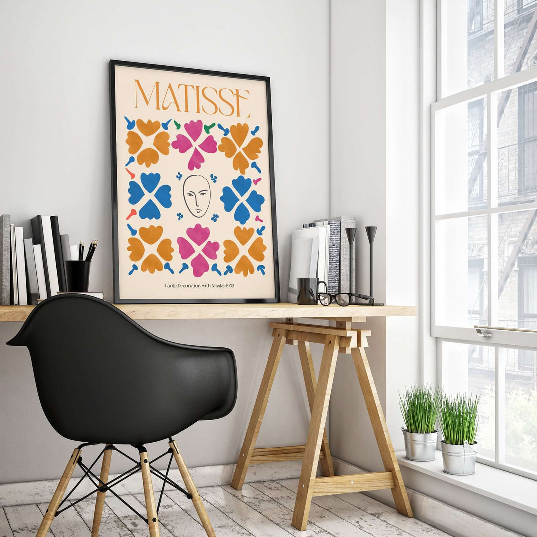 Matisse art print poster featuring masks and floral patterns in vibrant colors, displayed in a modern workspace.