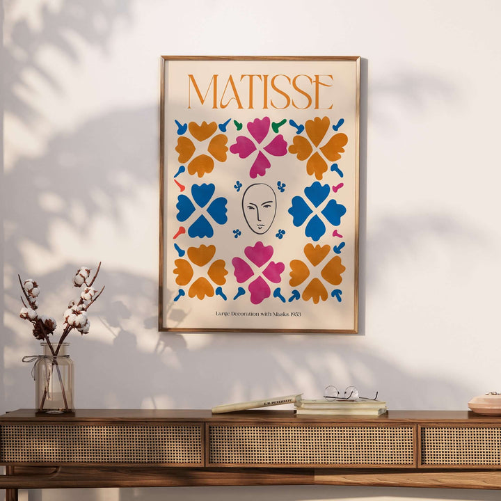 Matisse art print featuring masks and floral patterns in vibrant colors, perfect for decor.