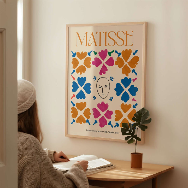 Matisse art print 'Large Decoration with Masks' featuring colorful floral patterns and a central mask design.