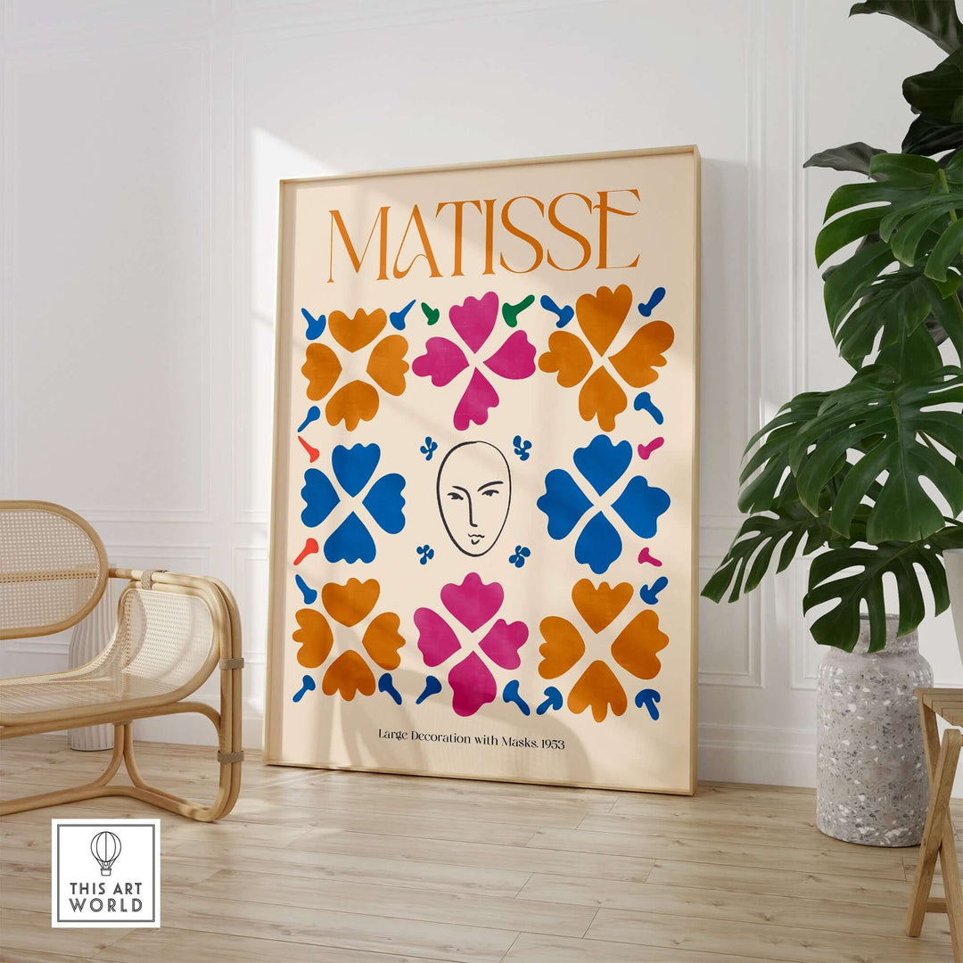 Matisse art print with masks and floral patterns in vibrant colors, perfect for modern home decor.