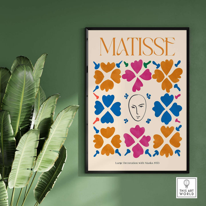 Matisse art print featuring vibrant floral patterns and a central mask motif, perfect for wall decor in modern spaces.