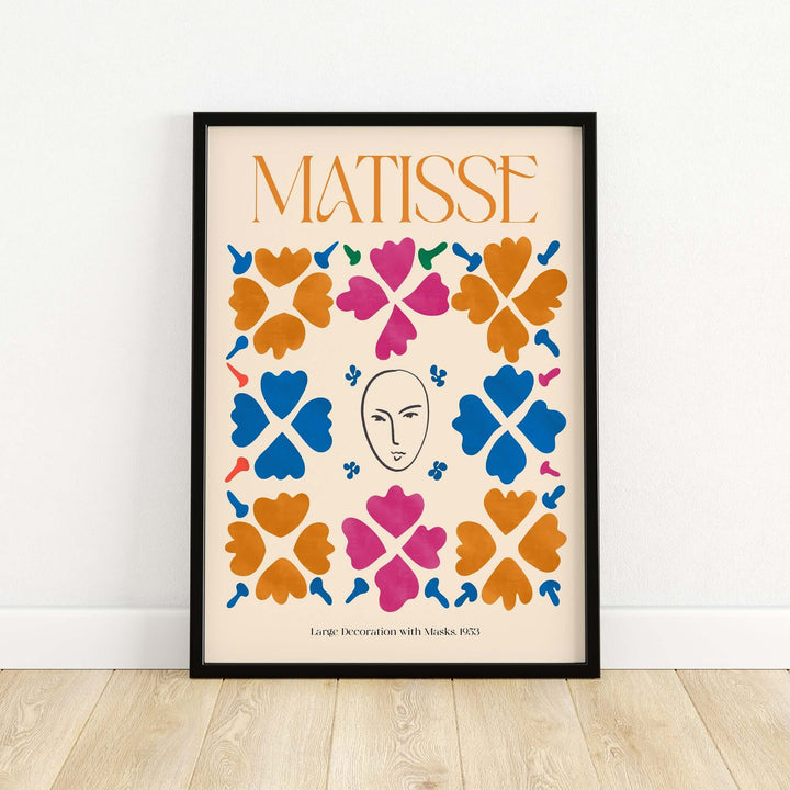 Matisse art print featuring floral patterns and masks in vibrant colors, perfect for wall decor.