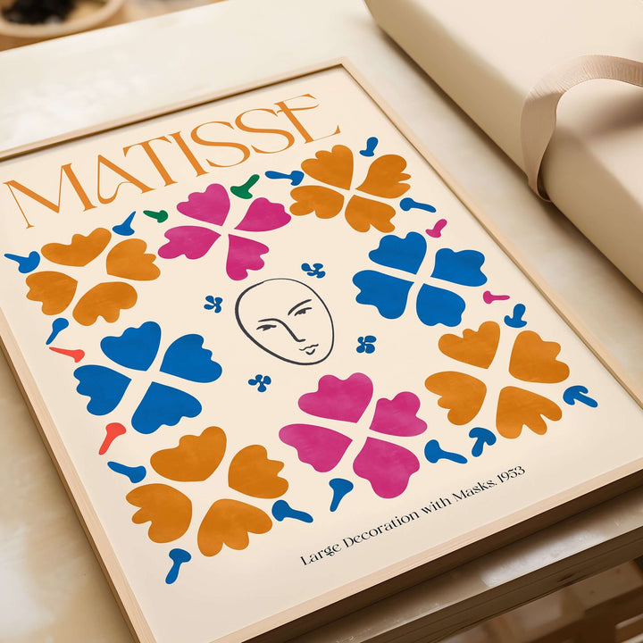 Matisse art print featuring masks and floral patterns in orange, blue, and magenta, inspired by 'Large Decoration with Masks' (1953).