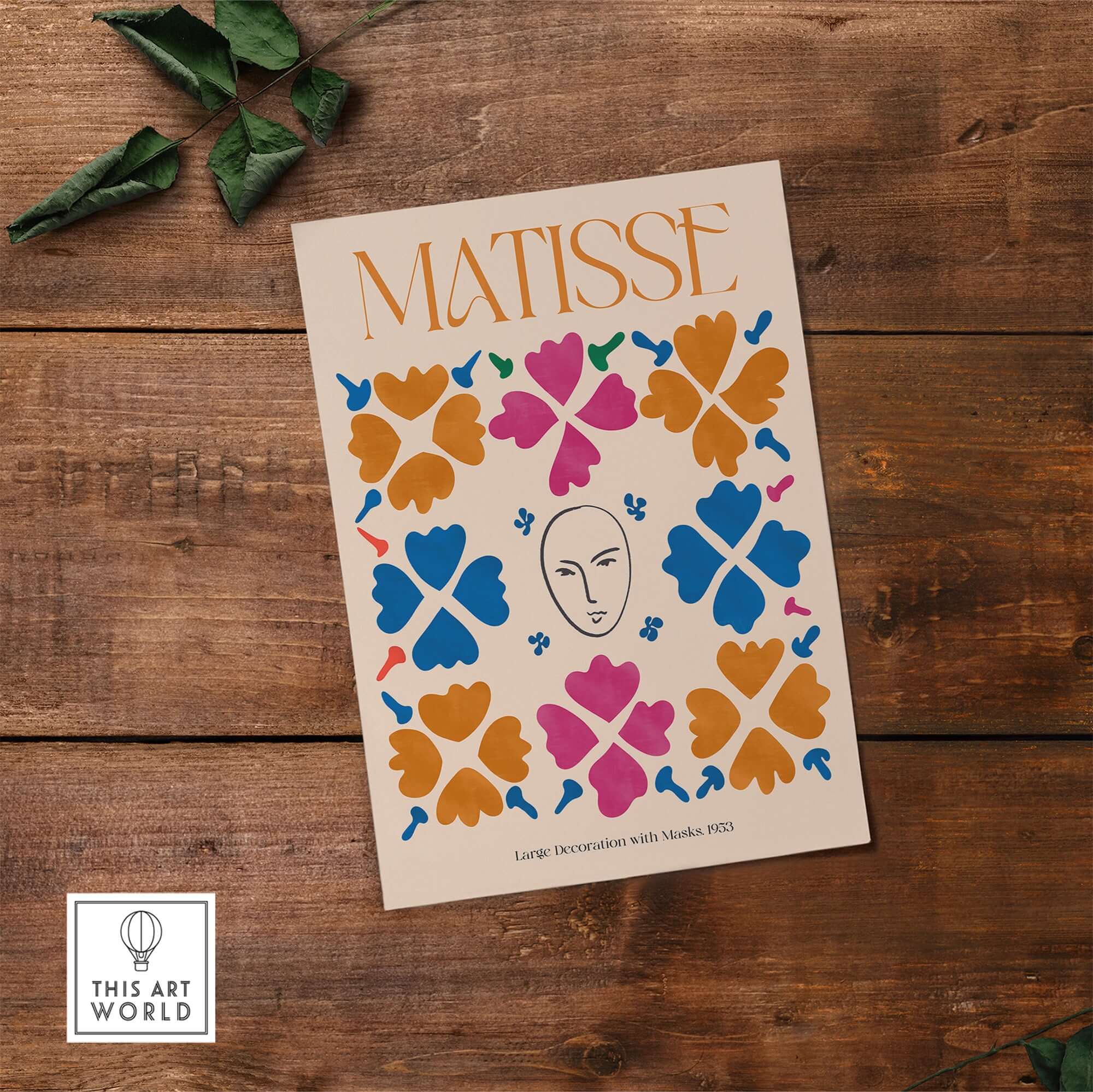 Matisse Art Print - Large Decoration with Masks Floral Pattern Poster on wooden surface with green leaves