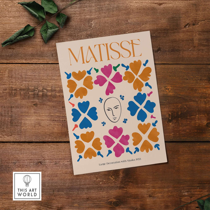 Matisse art print featuring mask and floral patterns in orange, blue, and magenta on a light background.