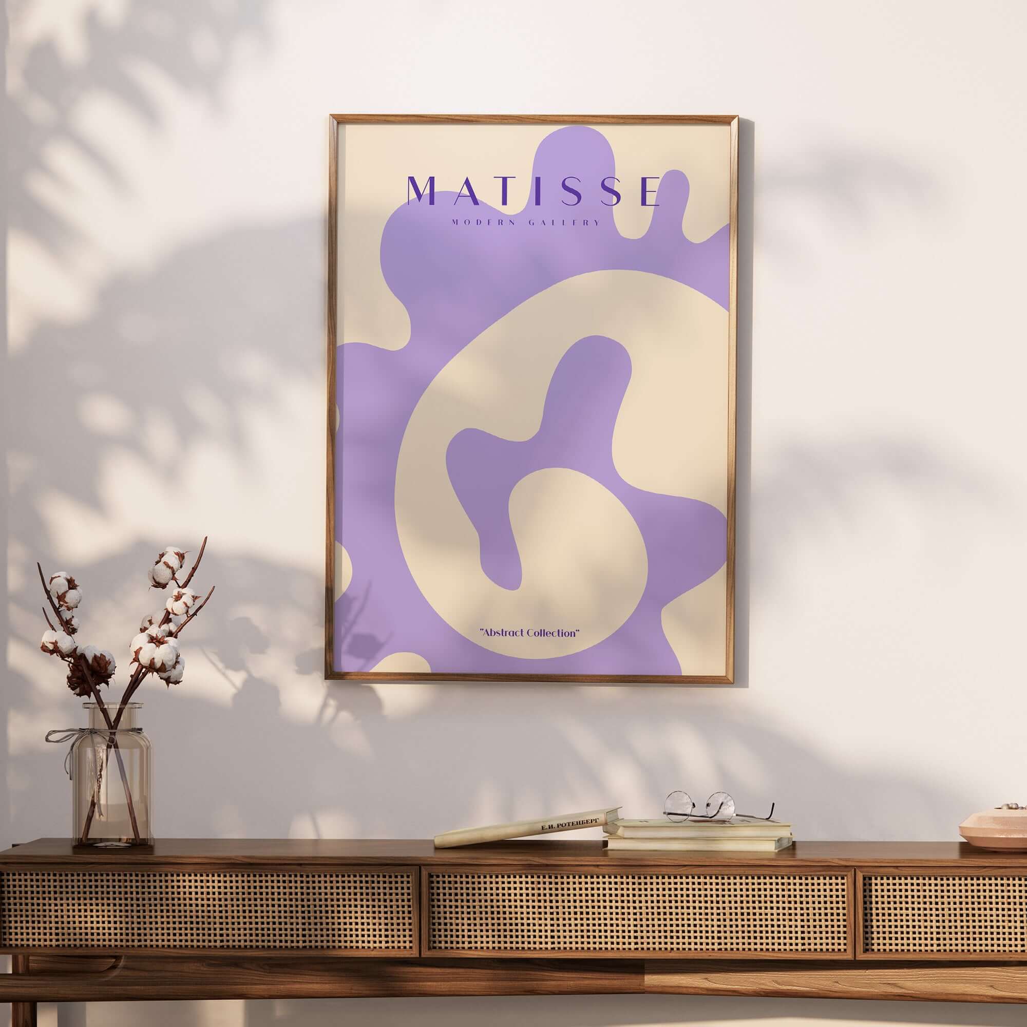 Matisse Art Prints -   Lavender Abstract Fluid Organic Shape Poster displayed in a stylish interior setting.