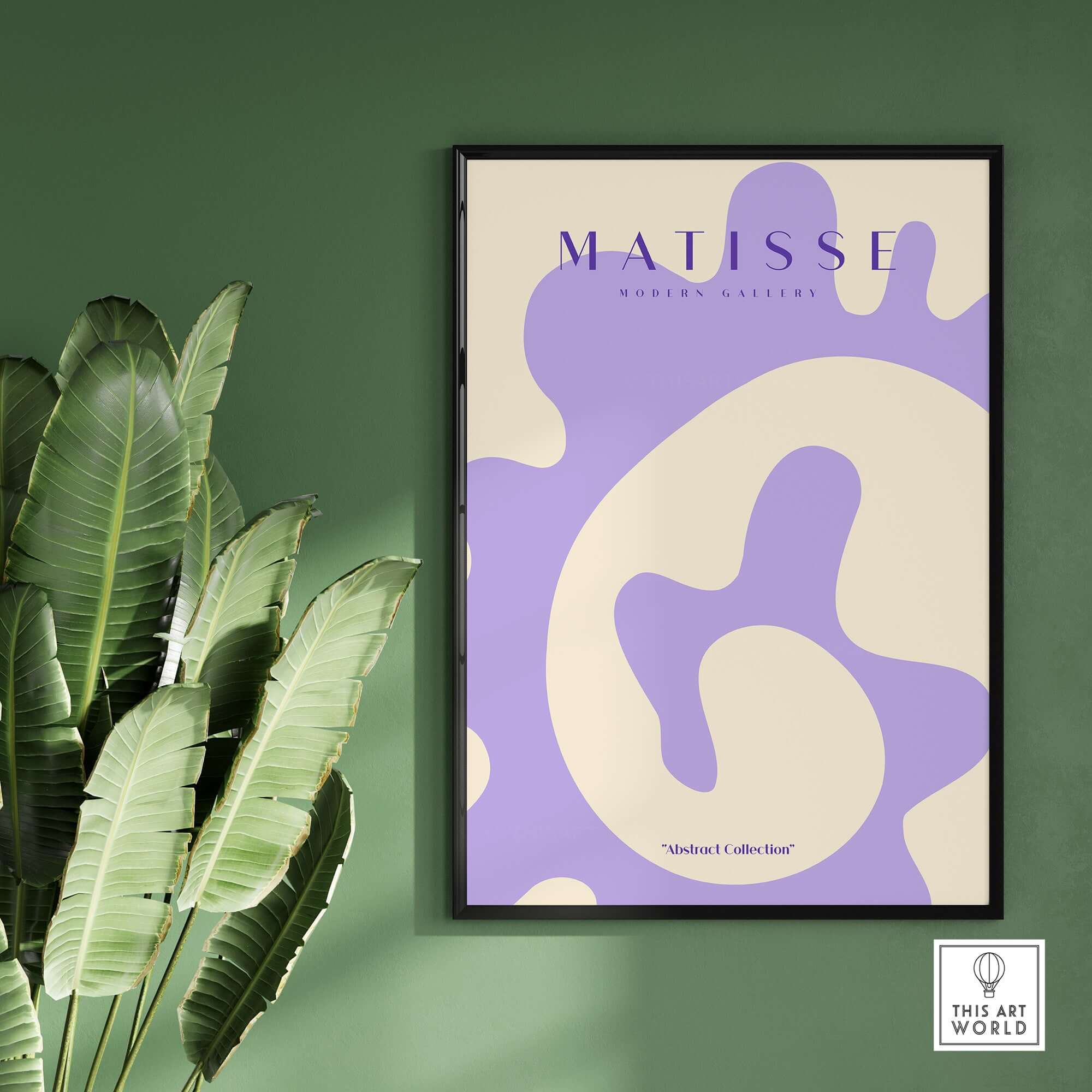 Matisse Art Prints - Lavender Abstract Fluid Organic Shape Poster displayed in a modern setting with lush green plant backdrop.