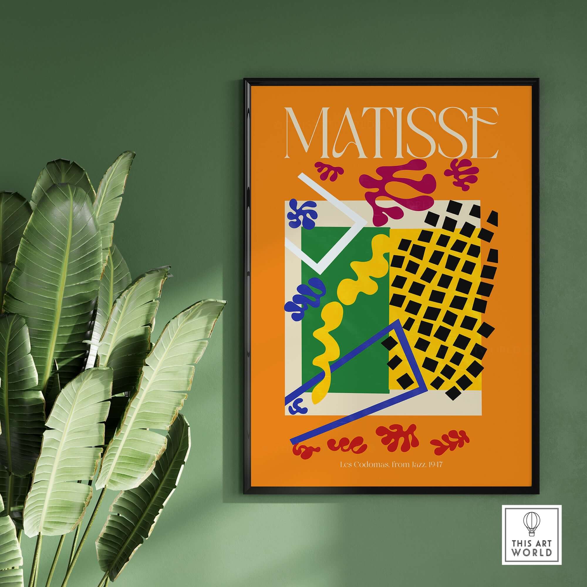 Matisse Art Print - Les Codomas Jazz 1947 Abstract Cut Out Art Poster framed on a green wall with plants.