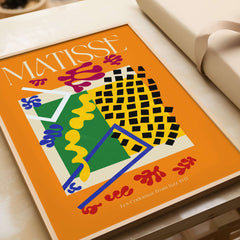 Matisse Art Print - Les Codomas Jazz 1947 Abstract Cut Out Art Poster featuring vibrant geometric shapes on orange background.