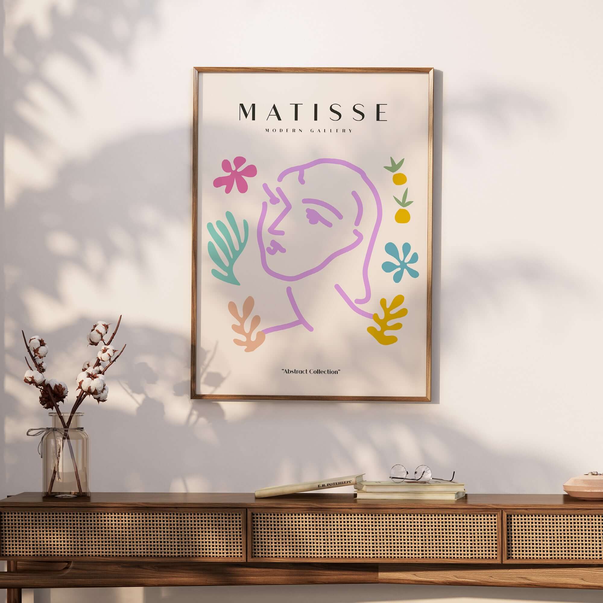 Matisse Art Prints -Line Art Face Abstract Botanical Collage Poster featuring a lavender line drawing on a beige background.