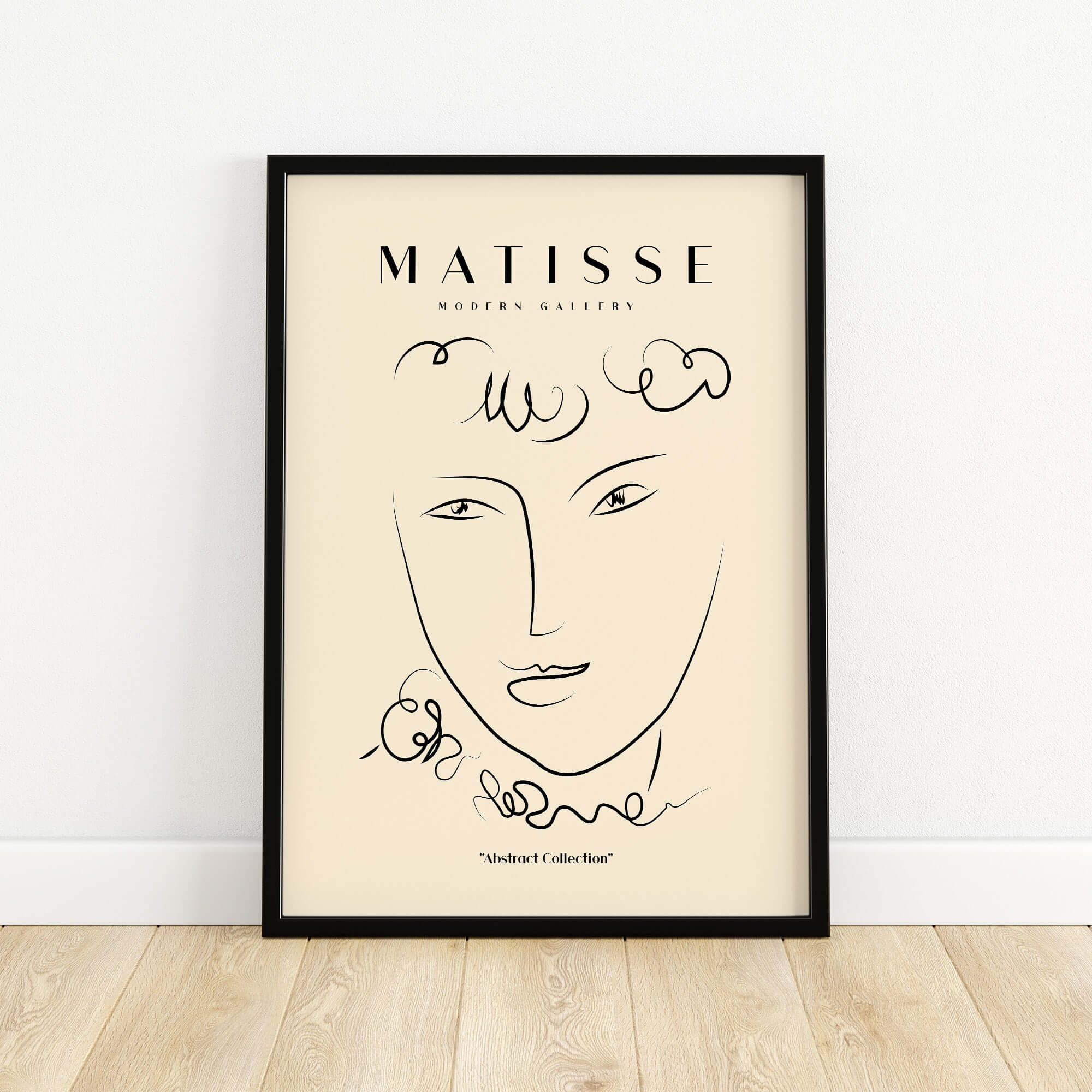 Matisse Art Prints -  Line Art Face Curly Hair Minimalist Poster showcasing a delicate line drawing on a beige background.