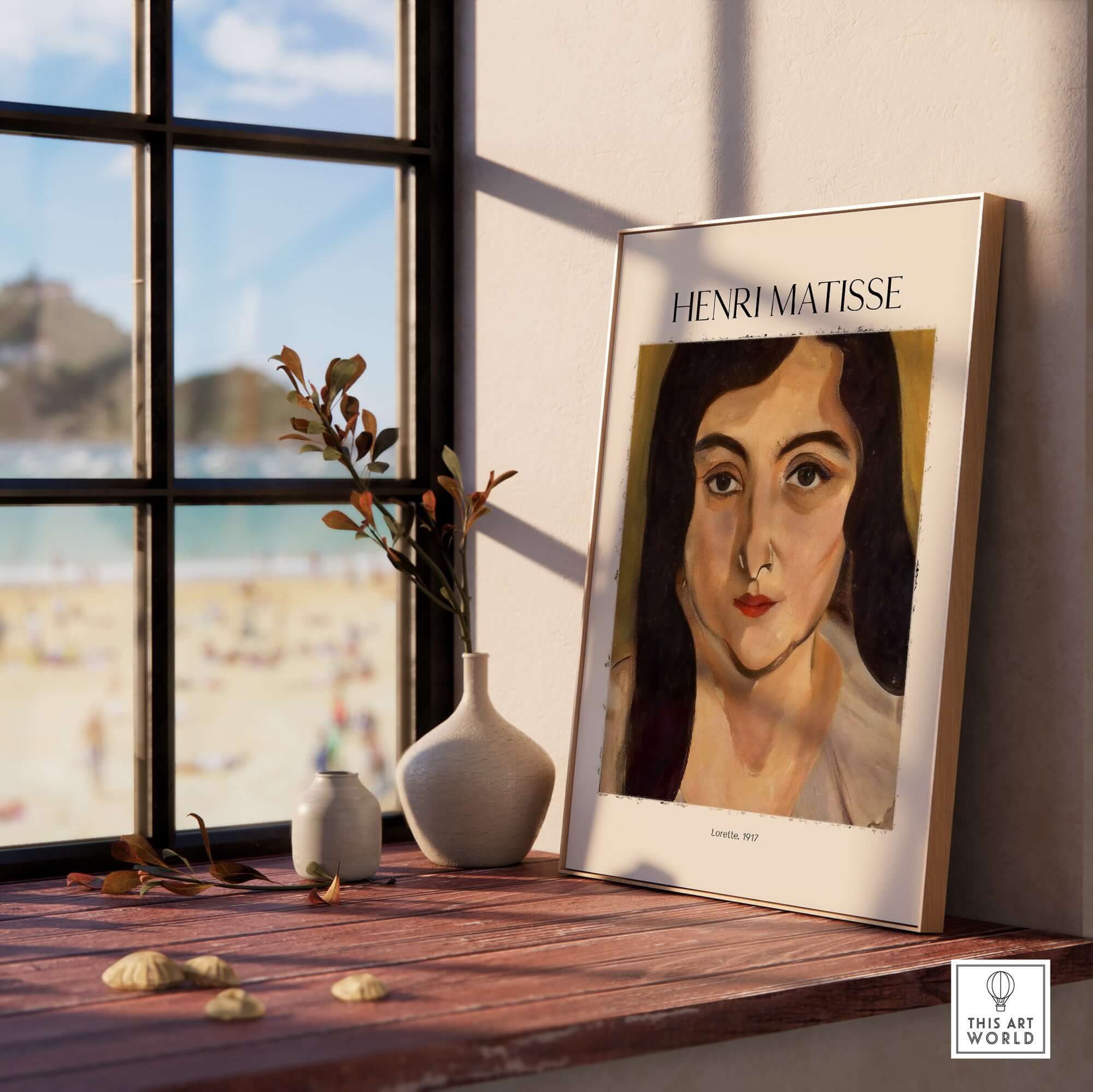 Matisse Art Print - Lorette 1917 Portrait Poster Print displayed on a wooden table with a view of the beach.