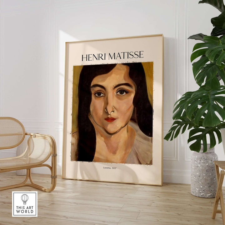 Henri Matisse Lorette 1917 portrait print in a modern interior setting, showcasing vibrant colours and expressive features.
