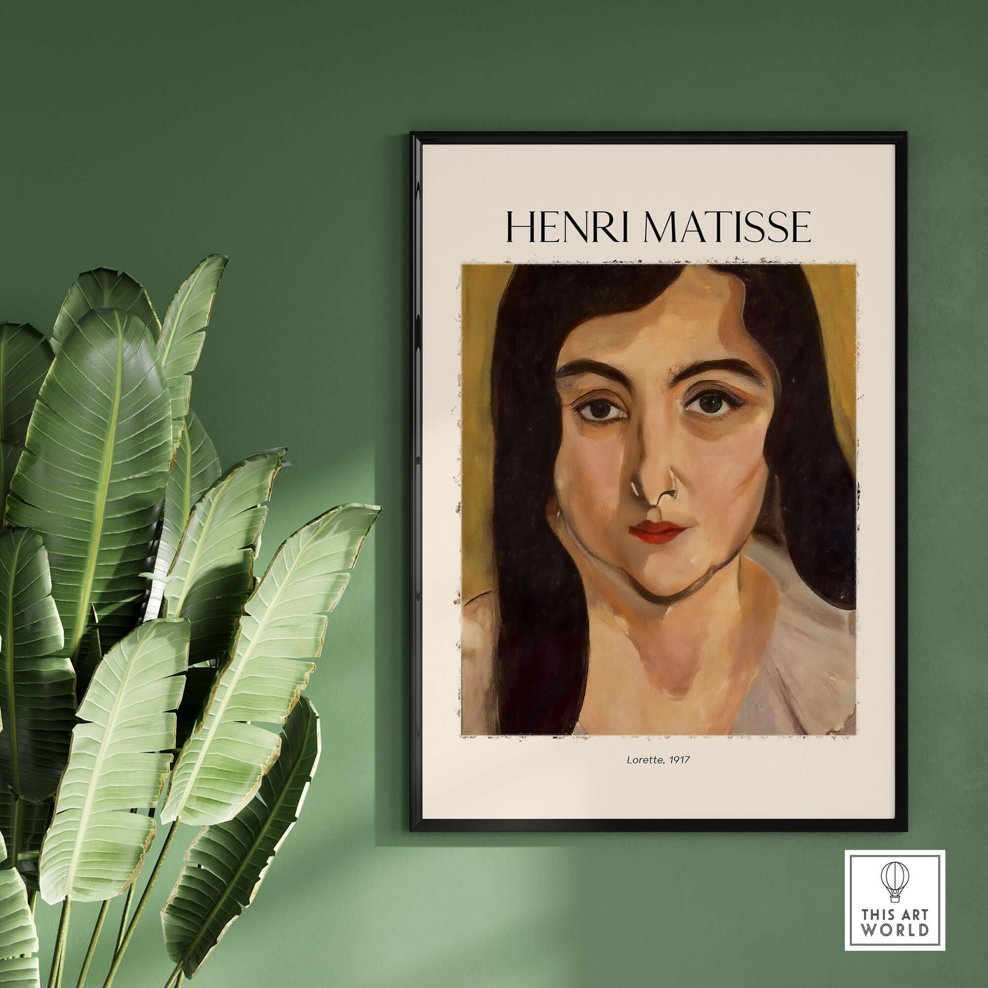 Matisse Art Print - Lorette 1917 Portrait Poster Print framed on a green wall with tropical plant.