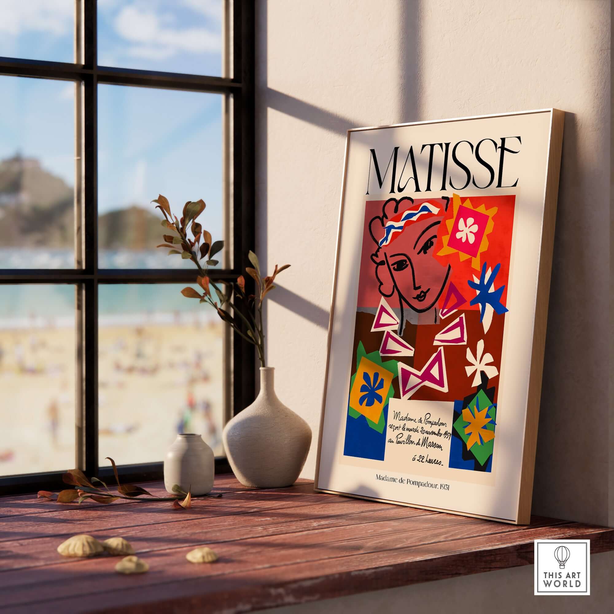 Matisse Art Print Madame de Pompadour 1951 Abstract Collage Poster displayed near a window with beach view.
