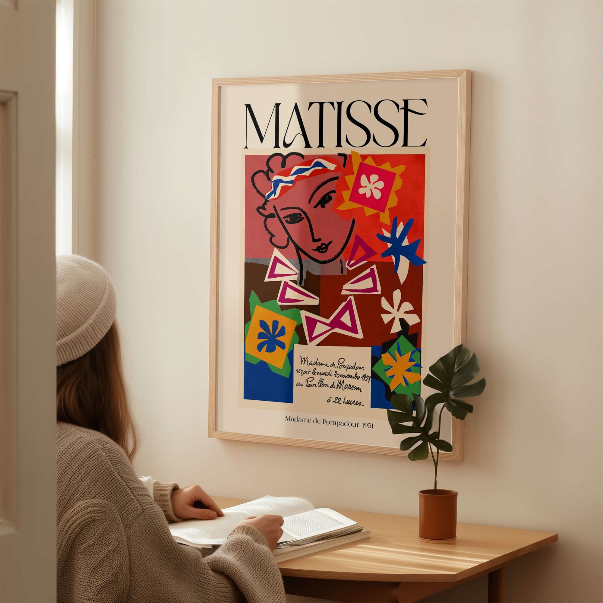 Matisse Art Print Madame de Pompadour 1951 Abstract Collage Poster displayed in a modern setting with a person admiring it.