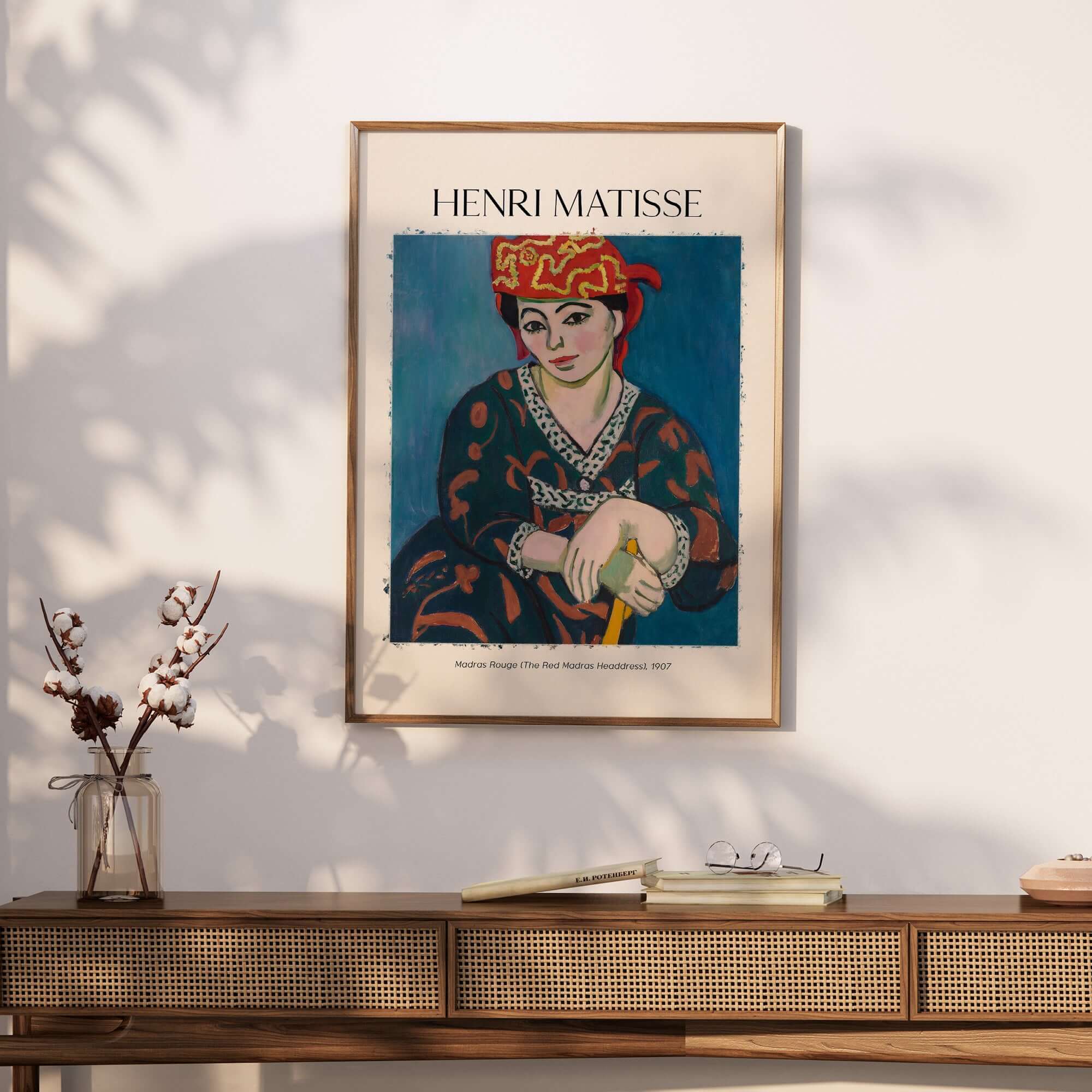 Matisse Art Print - Madras Rouge Red Headdress 1907 Wall Art Poster displayed in a stylish interior setting.
