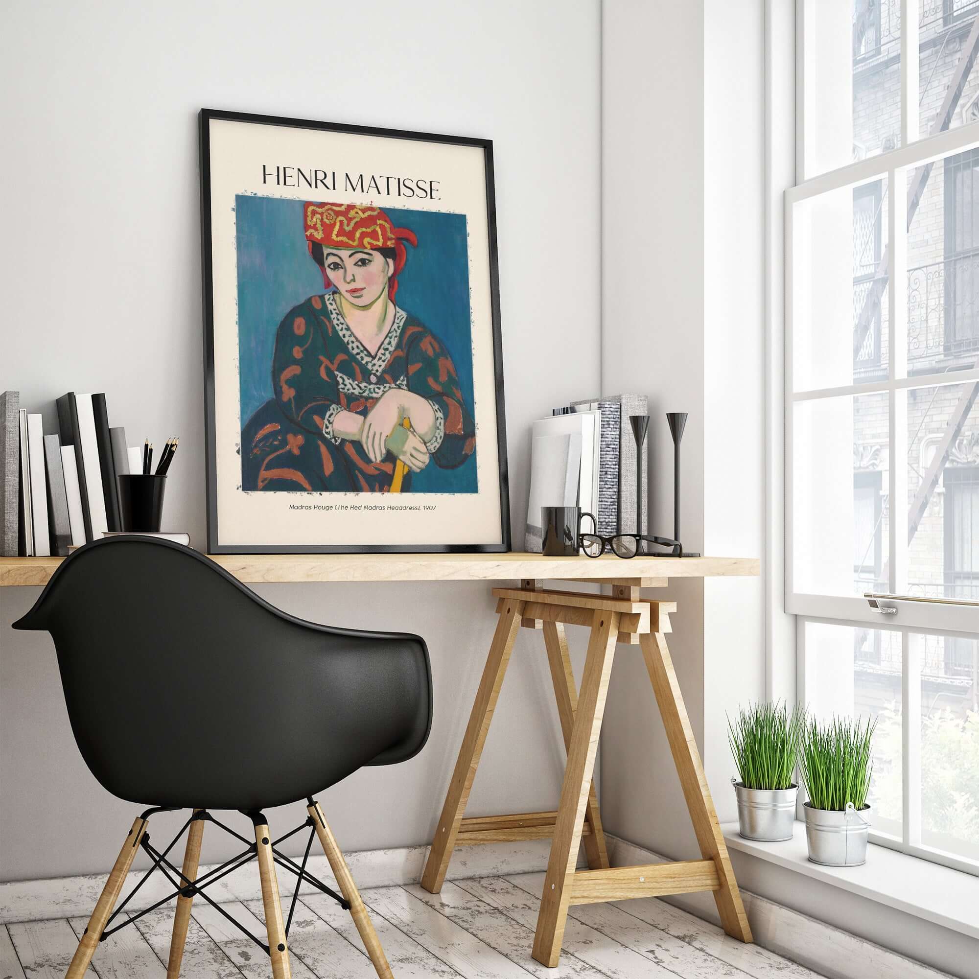 Matisse Art Print - Madras Rouge Red Headdress 1907 Wall Art Poster displayed in a stylish workspace.
