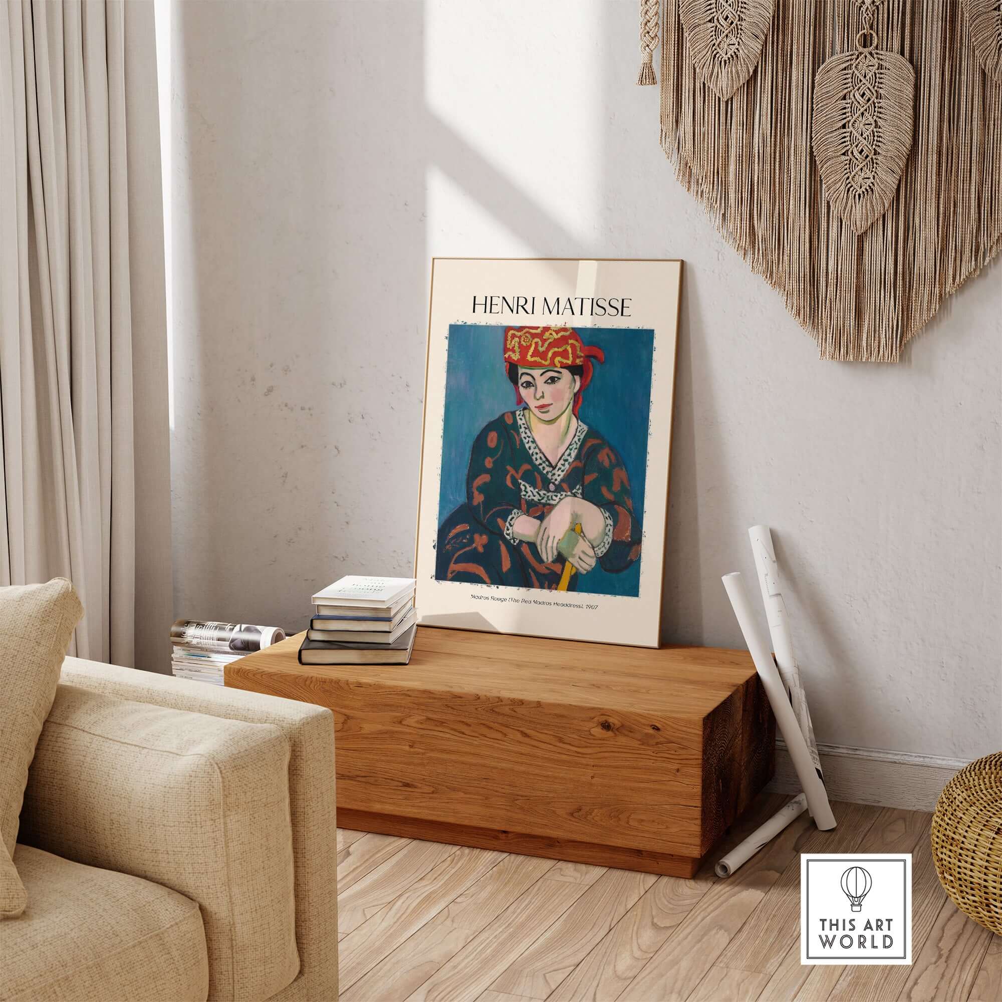 Matisse Art Print - Madras Rouge Red Headdress 1907 Wall Art Poster displayed in a modern living room setting.