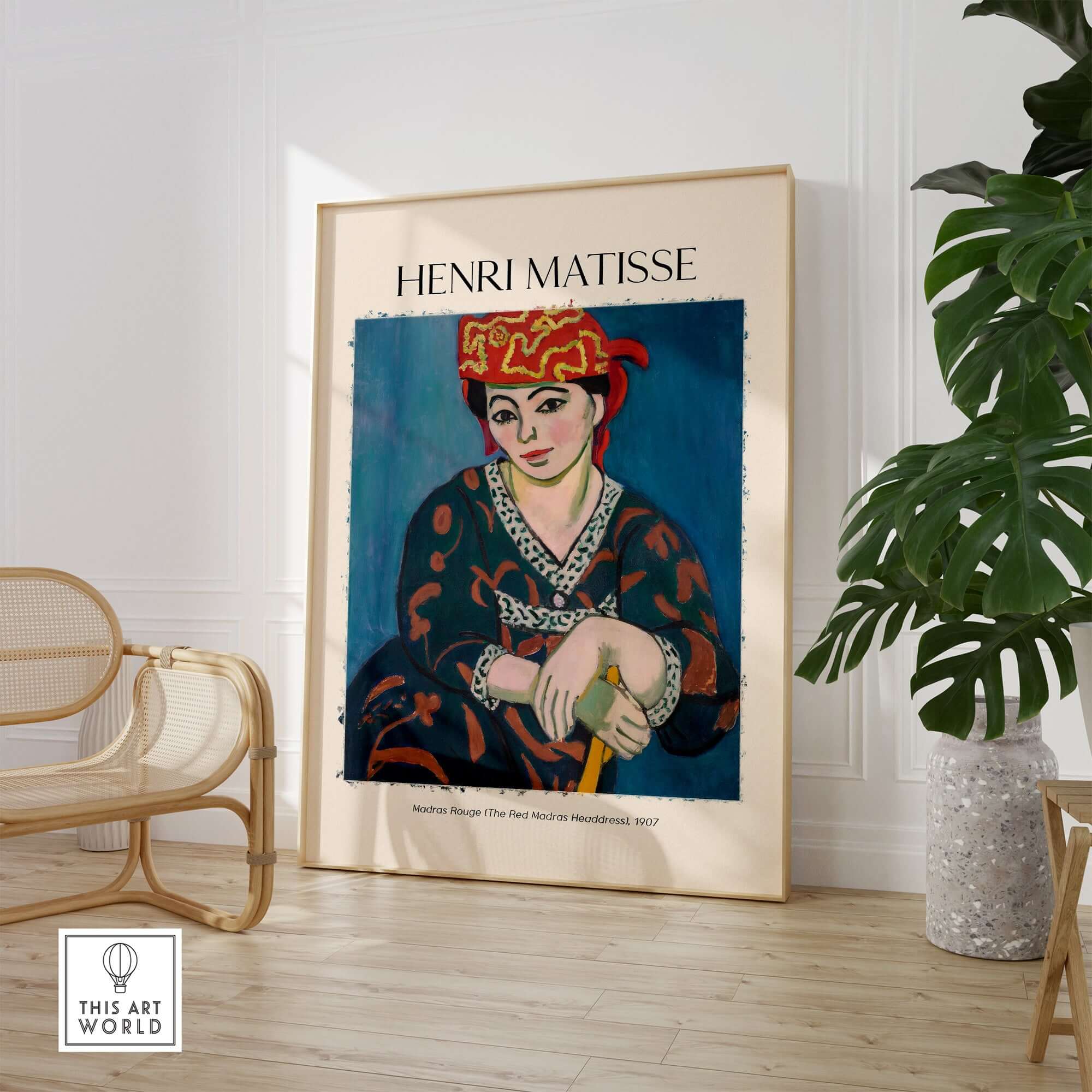 Matisse Art Print - Madras Rouge Red Headdress 1907 Wall Art Poster displayed in a stylish interior setting.