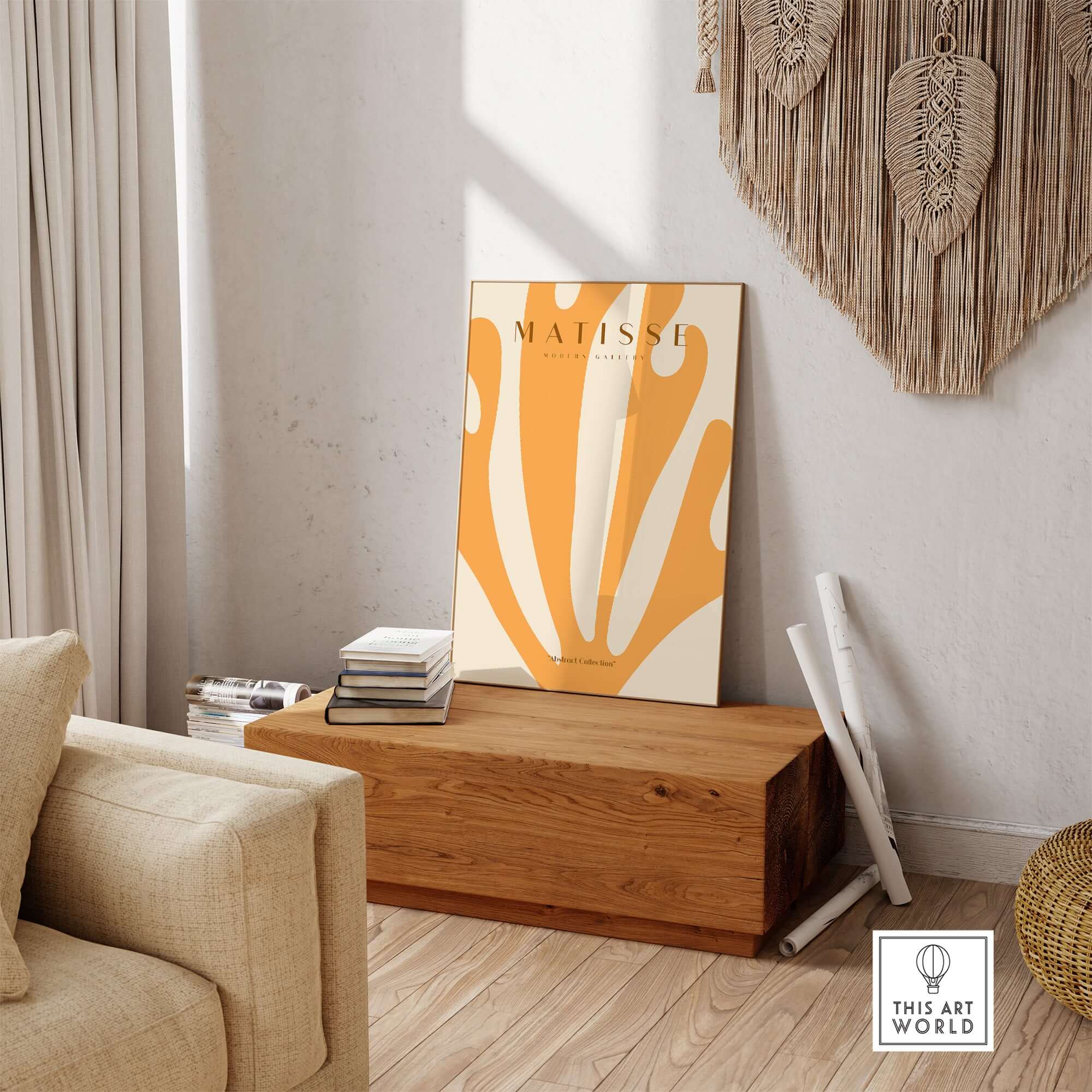 Matisse Art Prints - Orange Fan Coral Abstract Shape Poster displayed in a cozy living room setting with wooden decor.