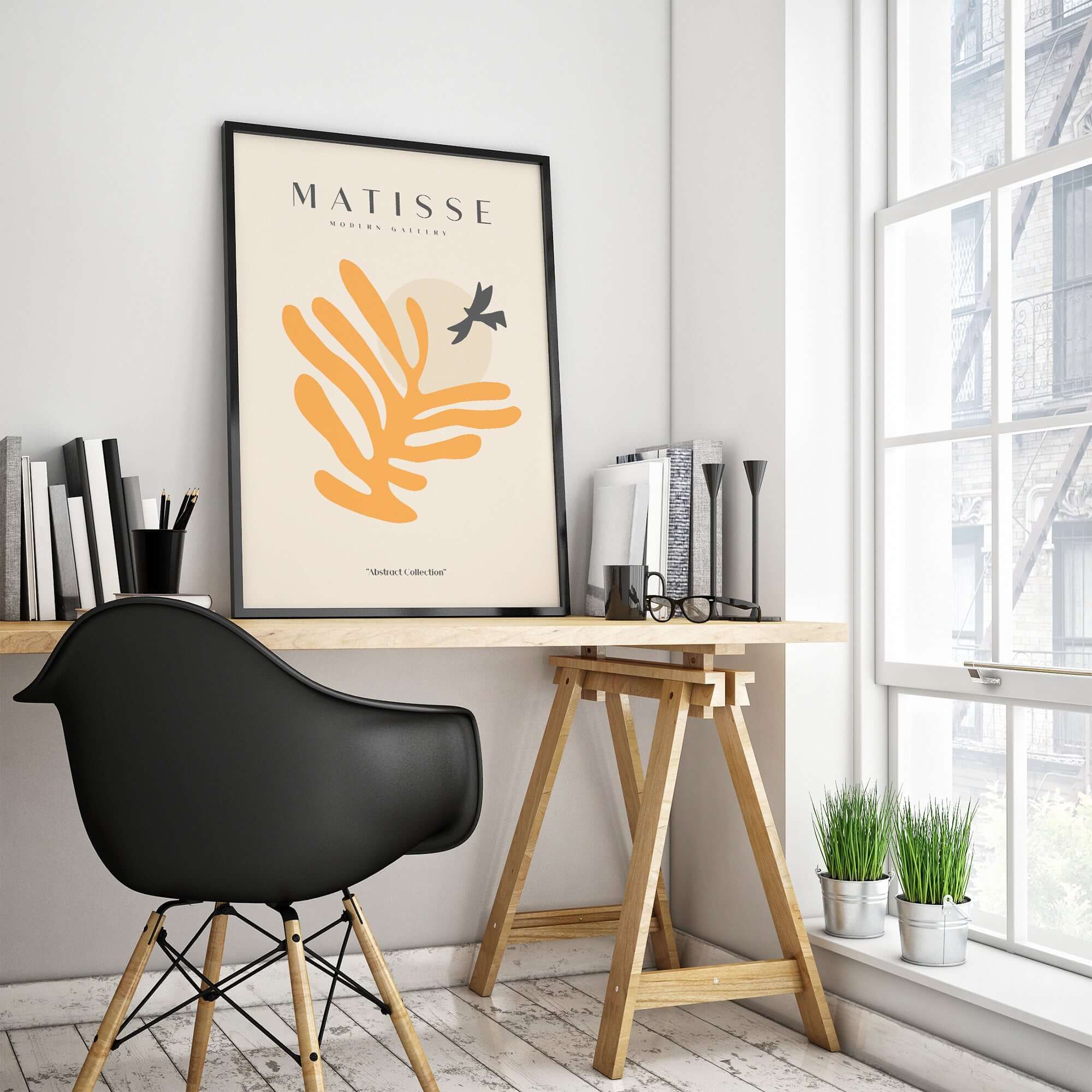 Matisse Art Prints - Orange Leaf Bird Silhouette Poster displayed in modern office with a black chair and plant decor.