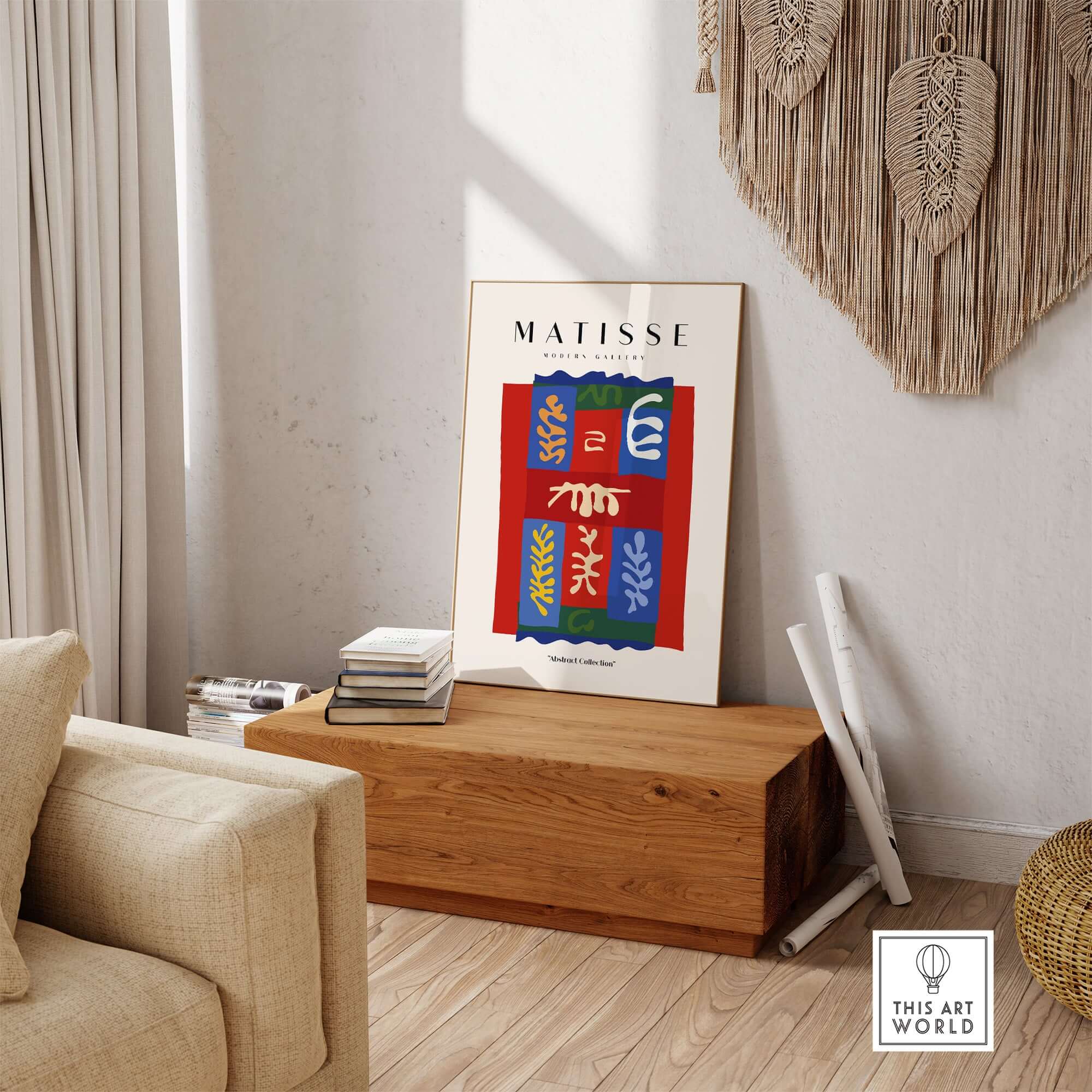Matisse Art Prints - Patchwork Shapes Composition Poster displayed in a modern living room, showcasing colorful abstract designs.