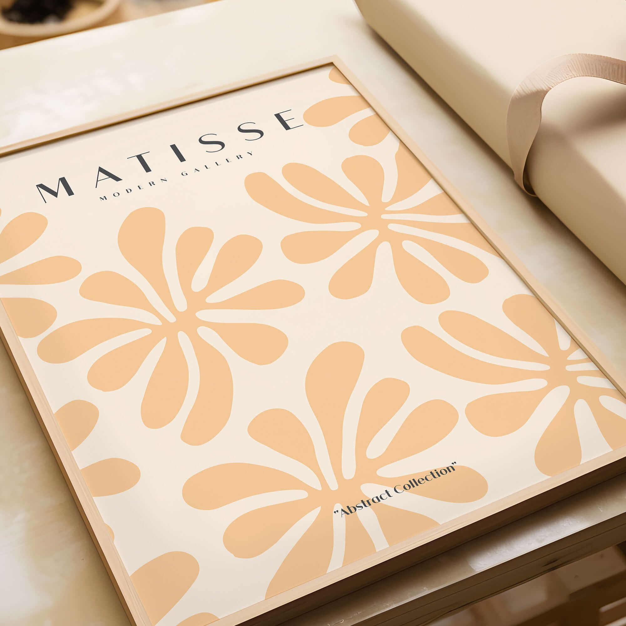 Matisse Art Prints - Peach Floral Abstract Pattern Print displayed in a modern frame, featuring soft peach motifs.