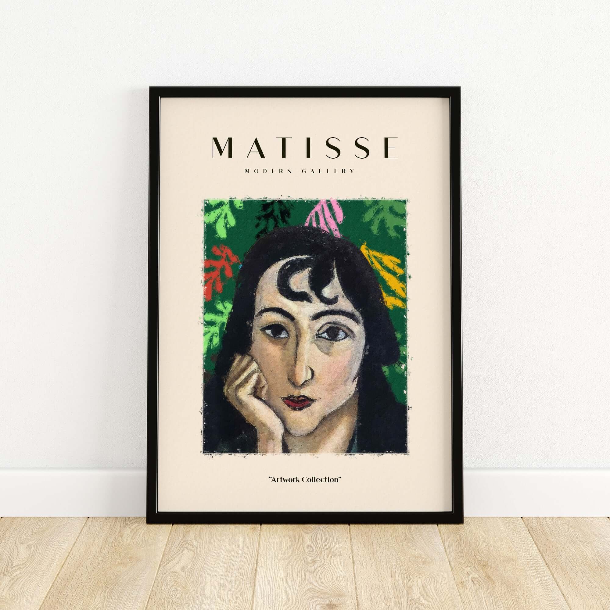 Matisse Art Prints - Pensive Woman Poster featuring a thoughtful woman with dark curly hair on a green abstract background.