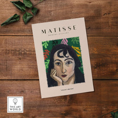 Matisse Art Prints - Pensive Woman Poster showcasing a thoughtful woman with curly hair on a colorful background.