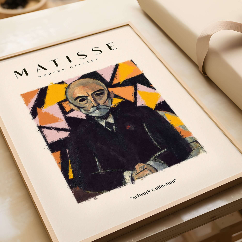 Matisse Art Prints - Portrait Man in Suit Geometric Wall Art showcased in a stylish gallery frame.