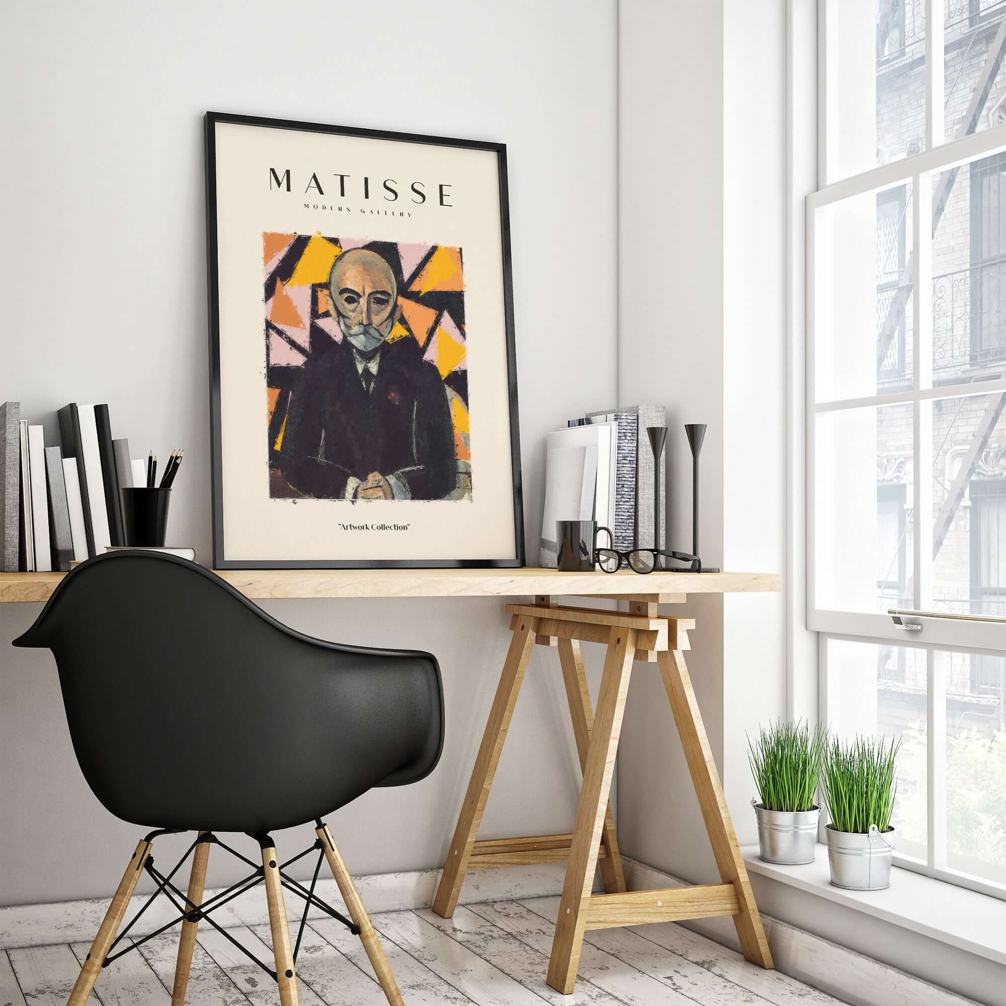 Matisse Art Prints - Portrait Man in Suit Geometric Wall Art displayed in a stylish home office setting.