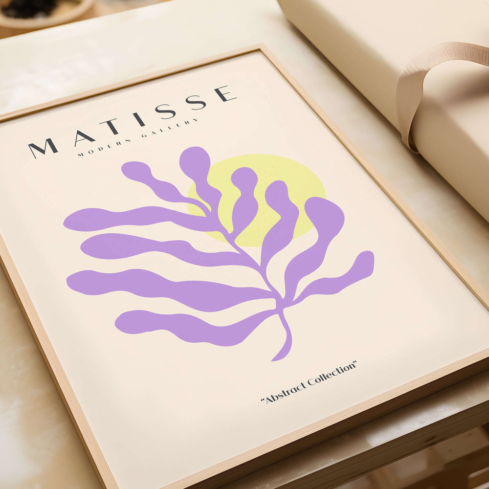 Matisse Art Prints - Purple Botanical Abstract Poster featuring modern botanical design with soft yellow circle.