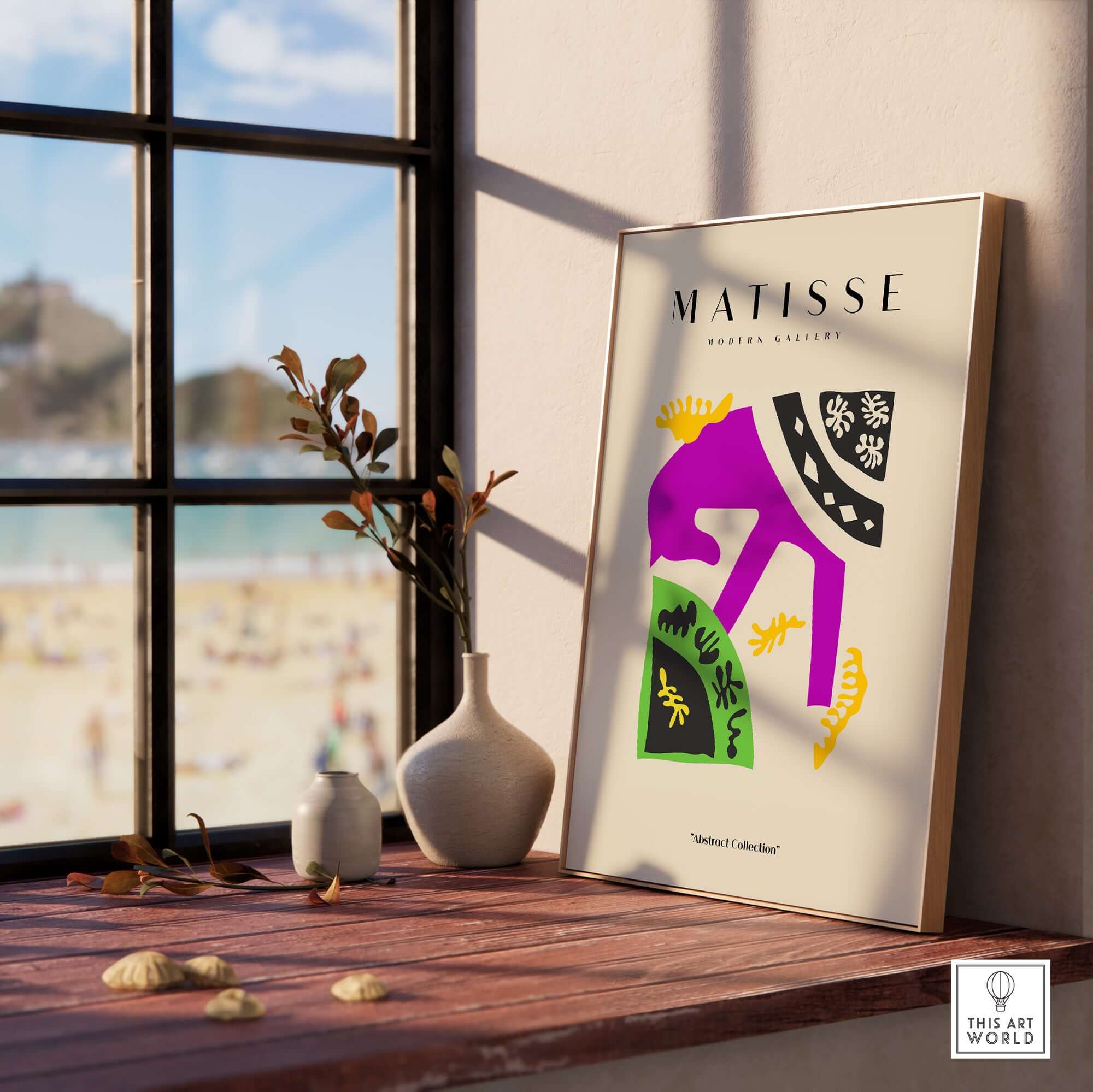 Matisse Art Prints - Purple Horse Abstract Figure Collage Poster in a framed display near a window with a beach view.