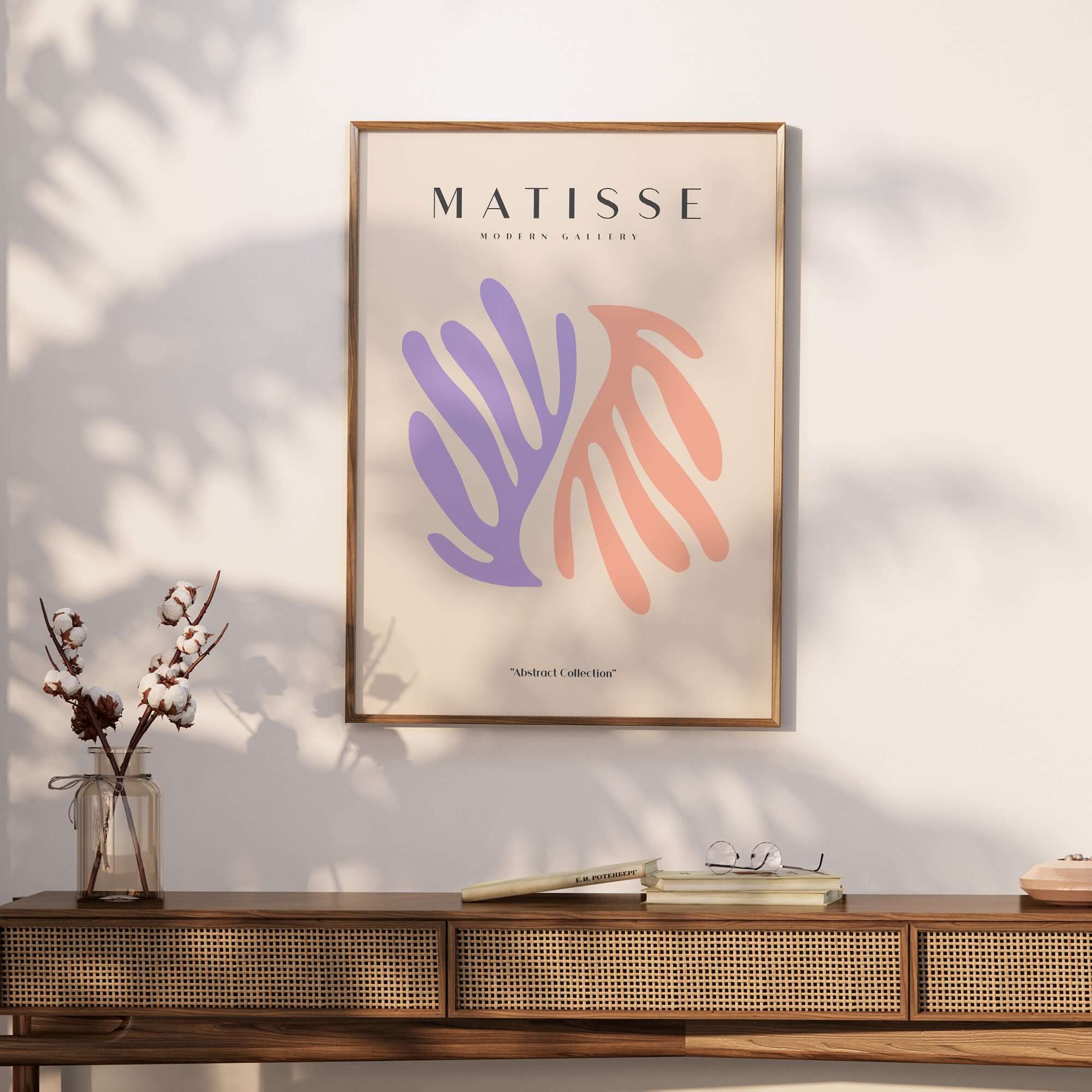 Matisse Art Prints - Purple Peach Abstract Leaves Poster displayed in an elegant interior with organic leaf shapes.