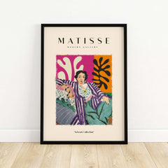 Matisse Art Prints - Reclining Woman Striped Robe Abstract Print framed artwork showcasing bold colors and patterns.
