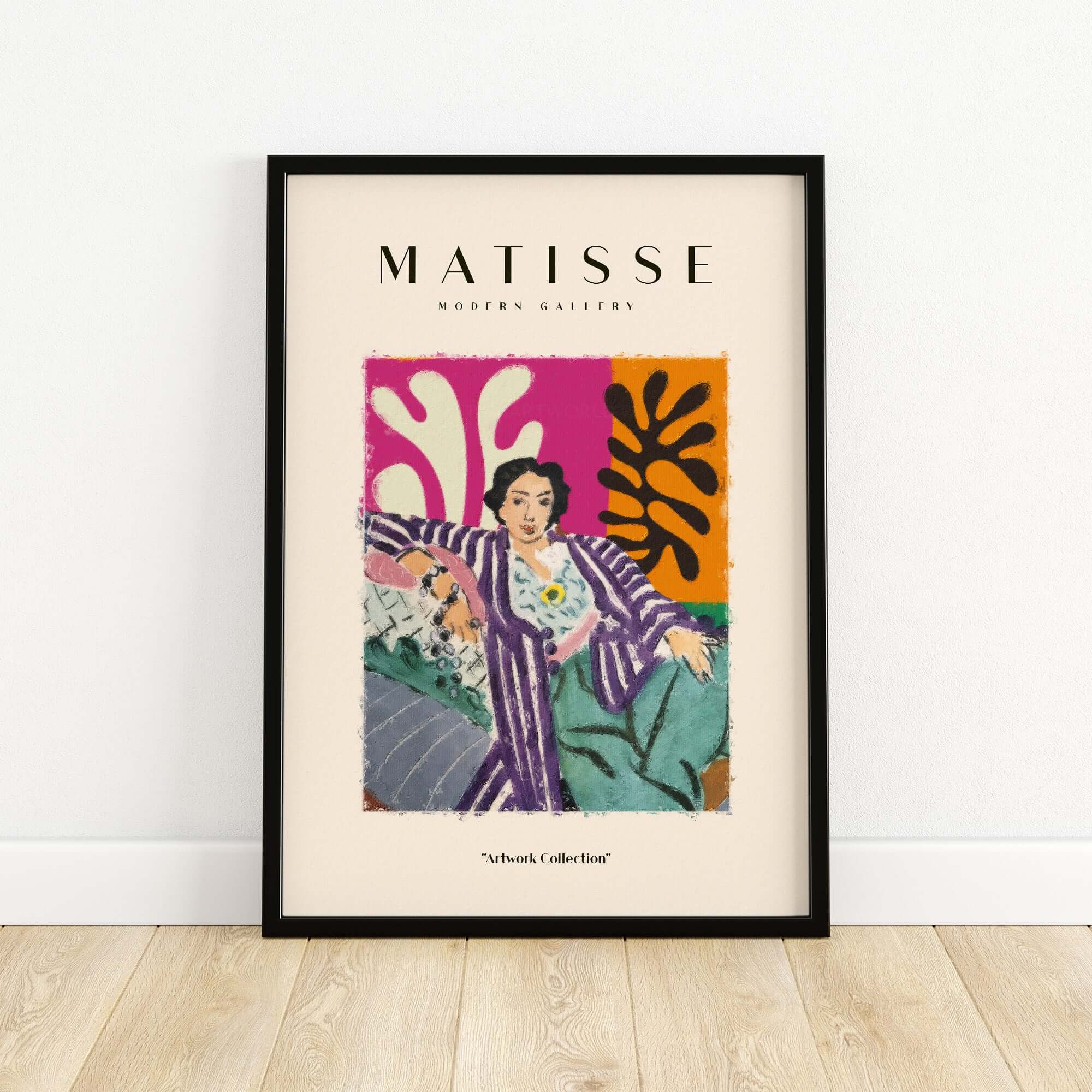 Matisse Art Prints - Reclining Woman Striped Robe Abstract Print framed artwork showcasing bold colors and patterns.