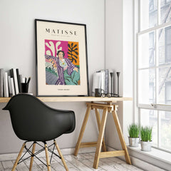 Matisse Art Prints - Reclining Woman Striped Robe Abstract Print displayed in a modern workspace with stylish decor.