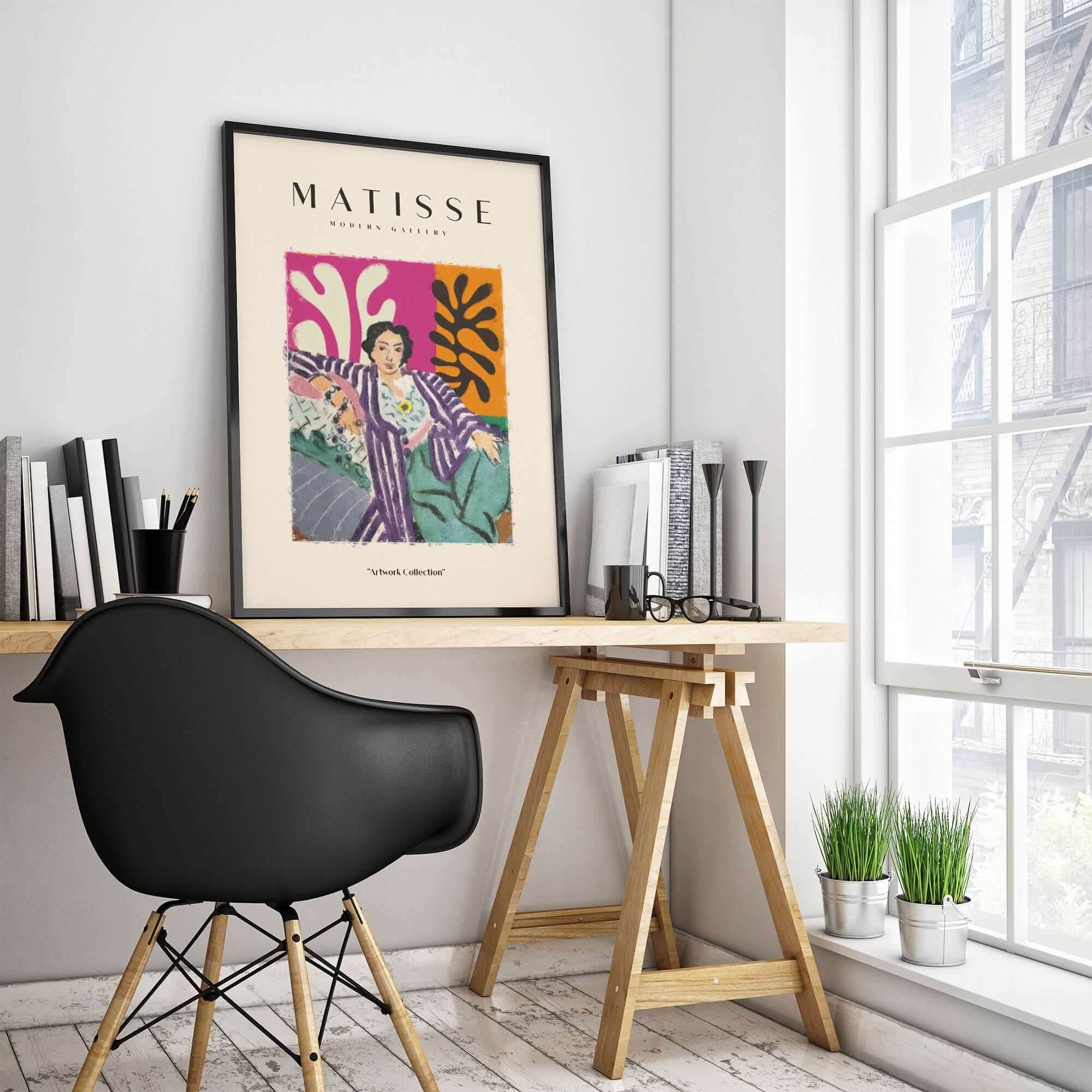Matisse Art Prints - Reclining Woman Striped Robe Abstract Print displayed in a modern workspace with stylish decor.
