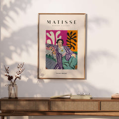 Matisse Art Prints - Reclining Woman Striped Robe Abstract Print displayed in a stylish interior setting.