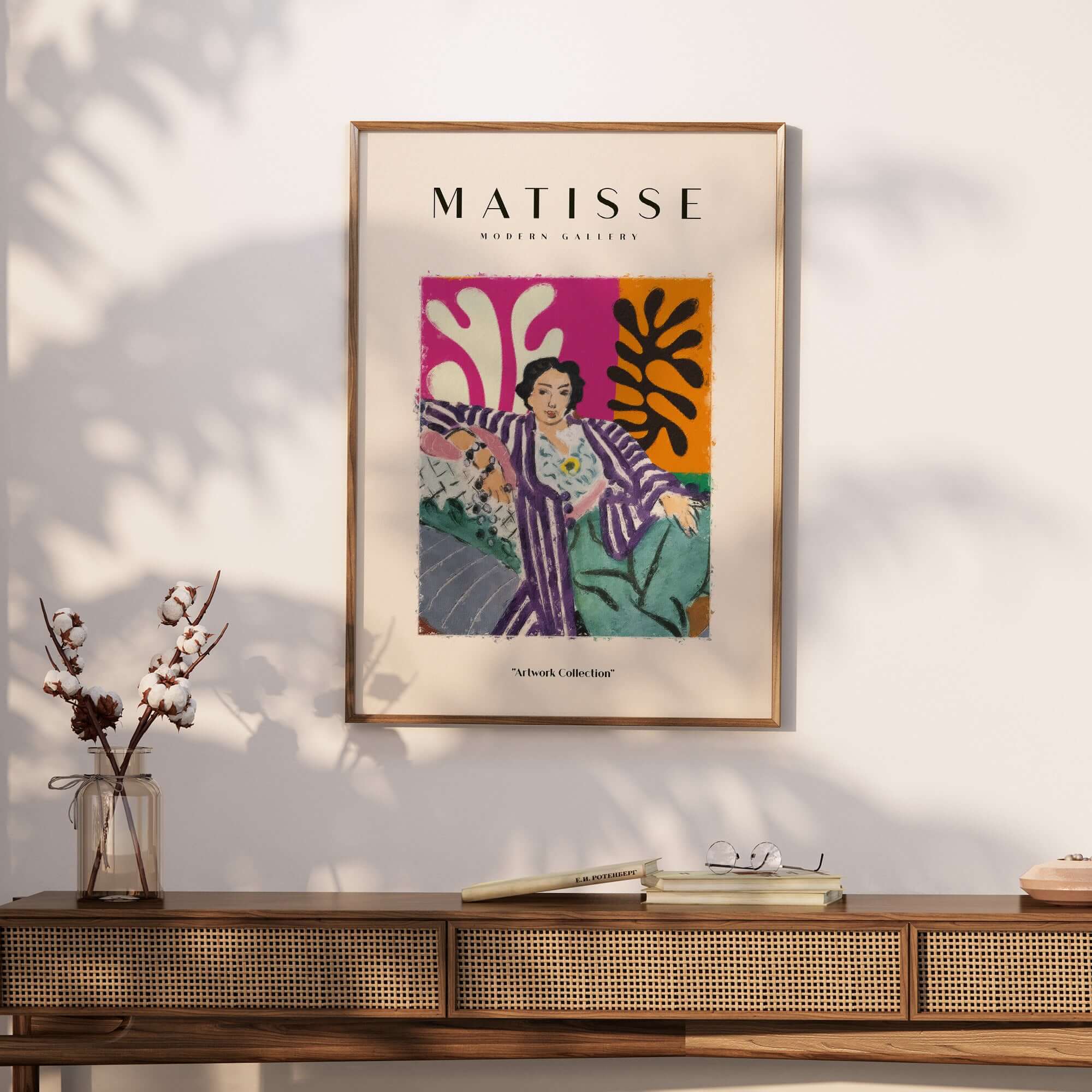 Matisse Art Prints - Reclining Woman Striped Robe Abstract Print displayed in a stylish interior setting.