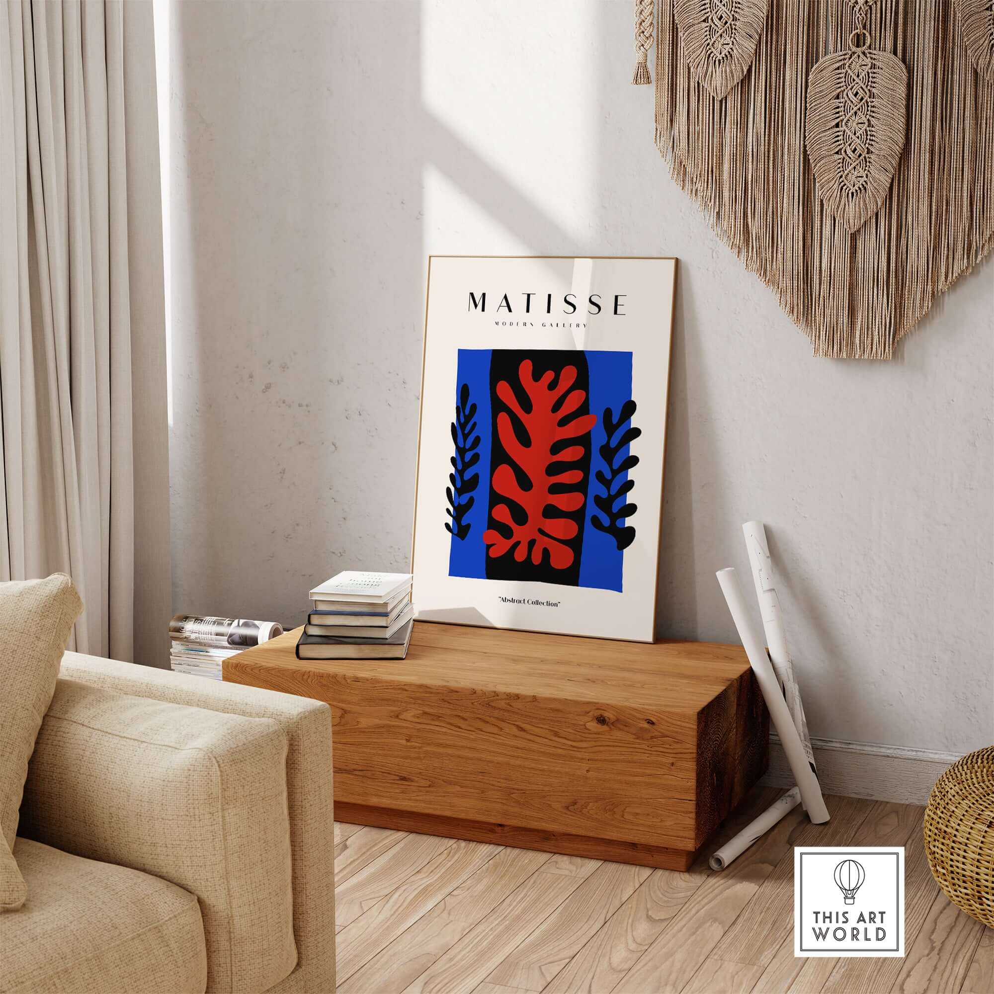 Matisse Art Prints -  Red Coral Black Leaves Blue Frame Poster displayed in cozy living room decor.