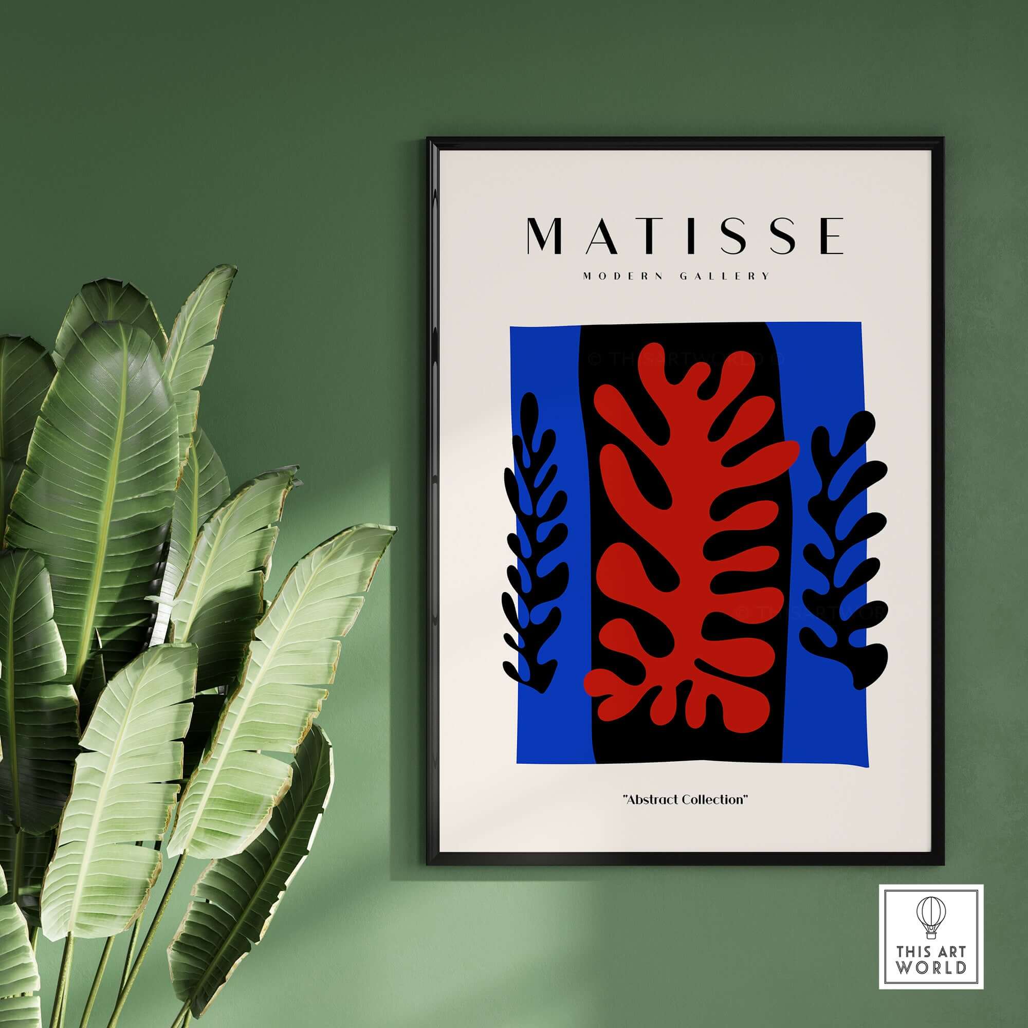 Matisse Art Prints -  Red Coral Black Leaves Blue Frame Poster displayed in a modern interior with green plant.