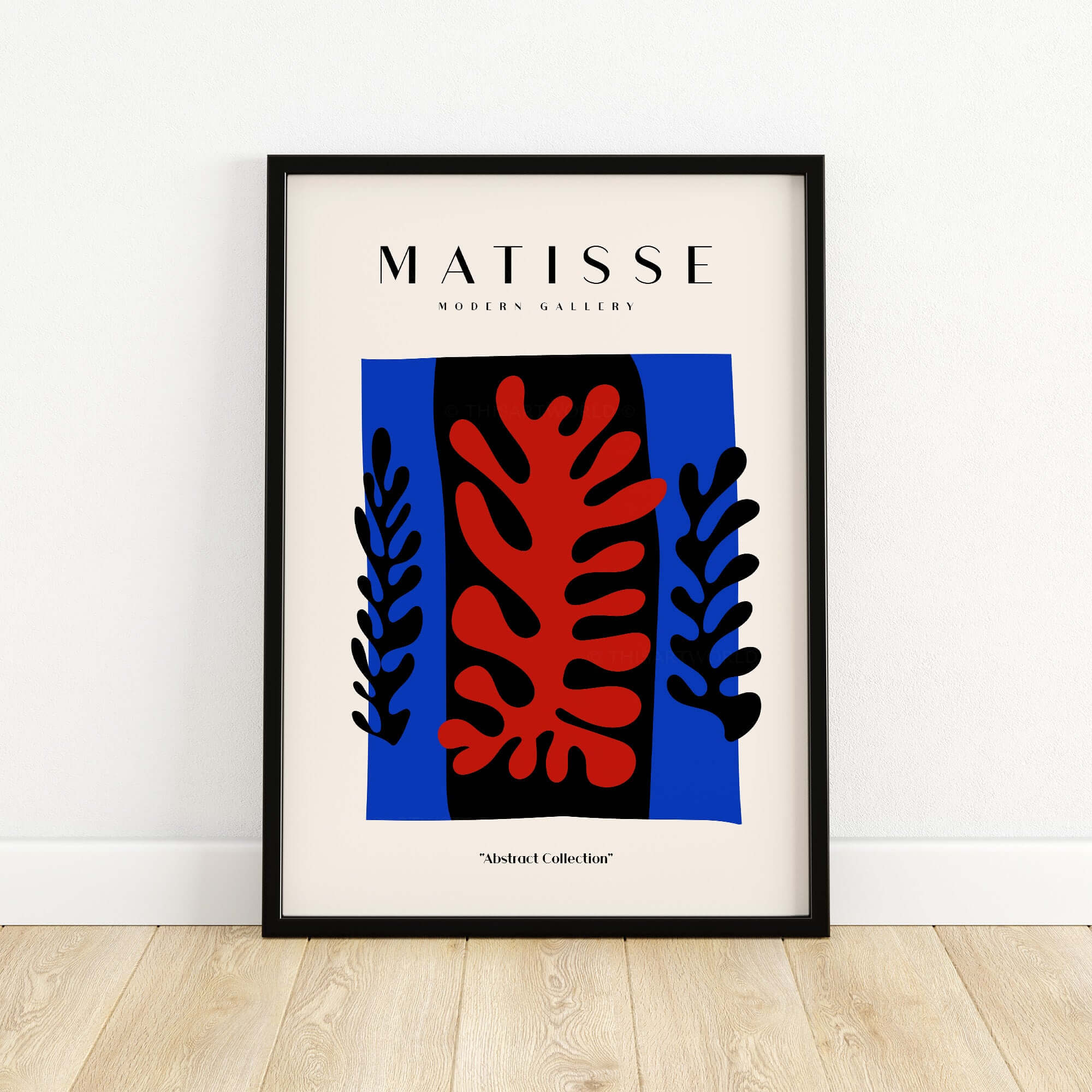 Matisse Art Prints -  Red Coral Black Leaves Blue Frame Poster displayed in a modern gallery setting.