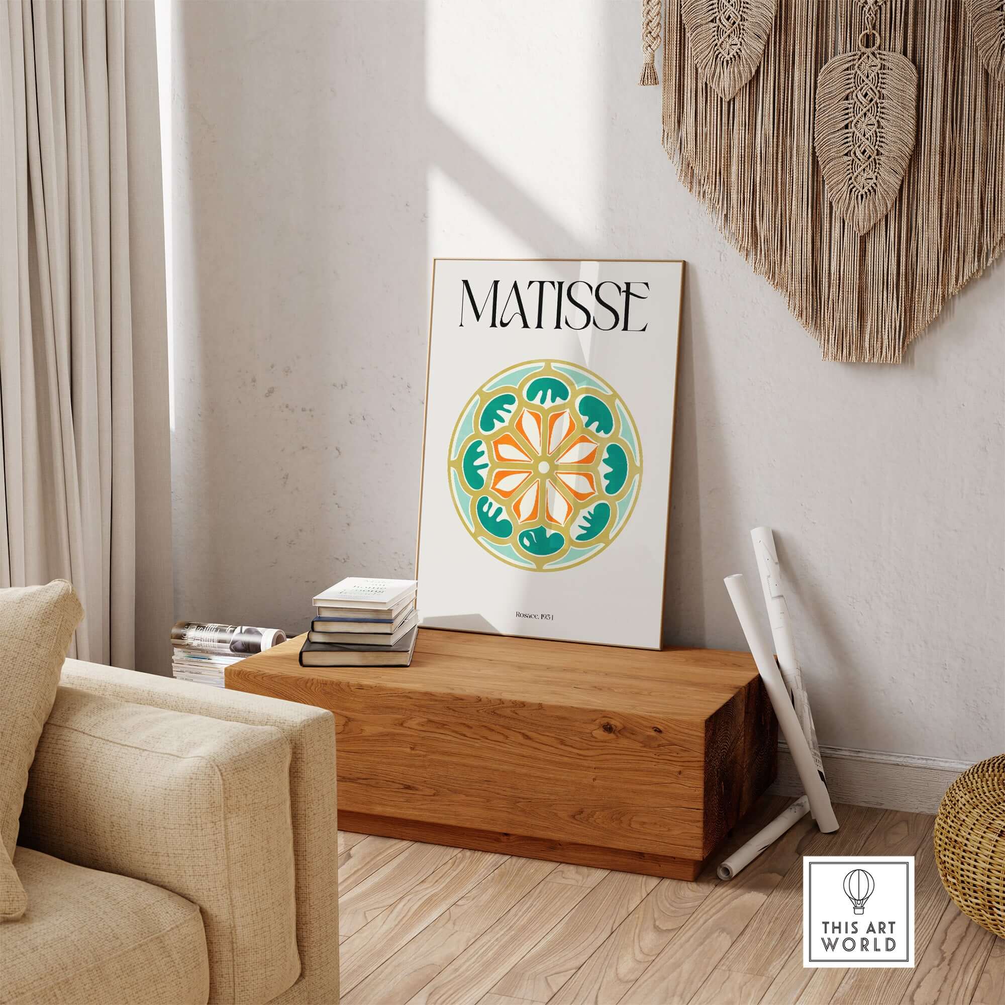 Matisse Art Print Rosace 1954 Rose Window Geometric Art Print displayed in a modern living space on a wooden bench.