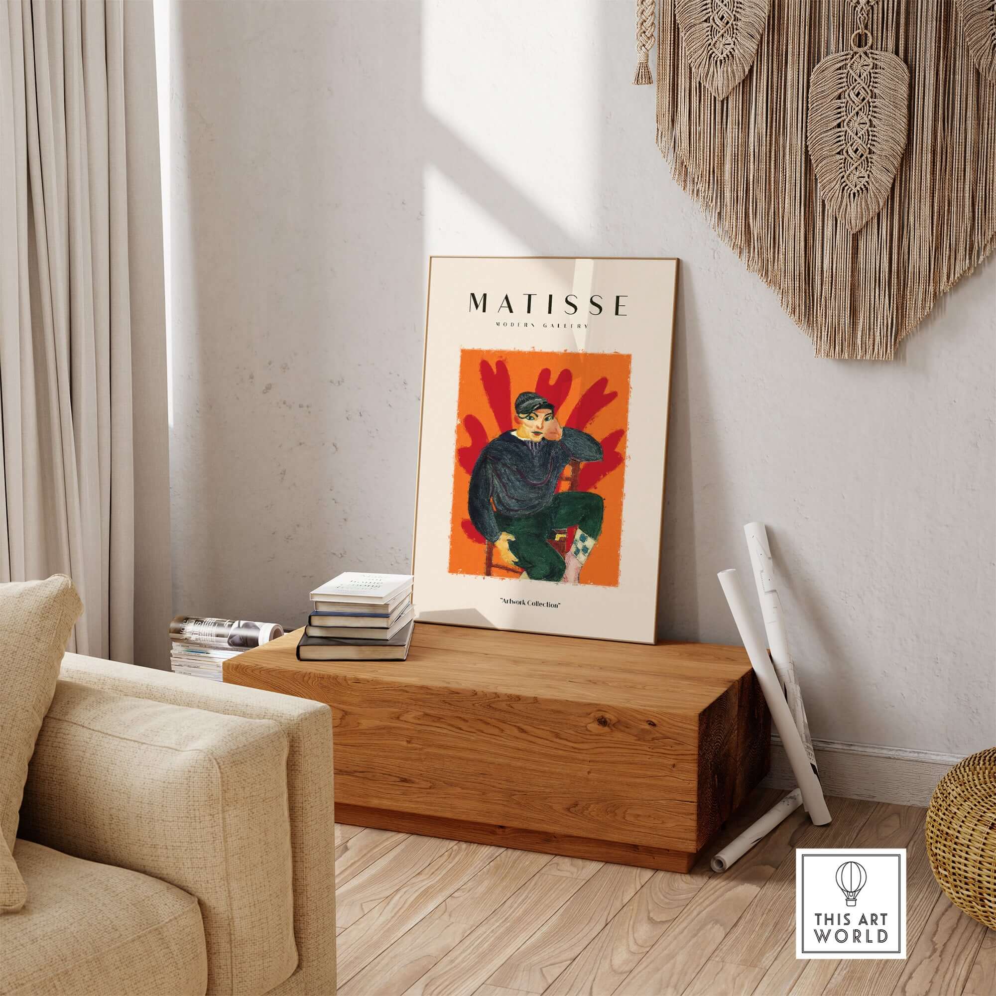 Matisse Art Prints - Seated Figure in Cap Poster displayed in a stylish living room with vibrant colors and textures.