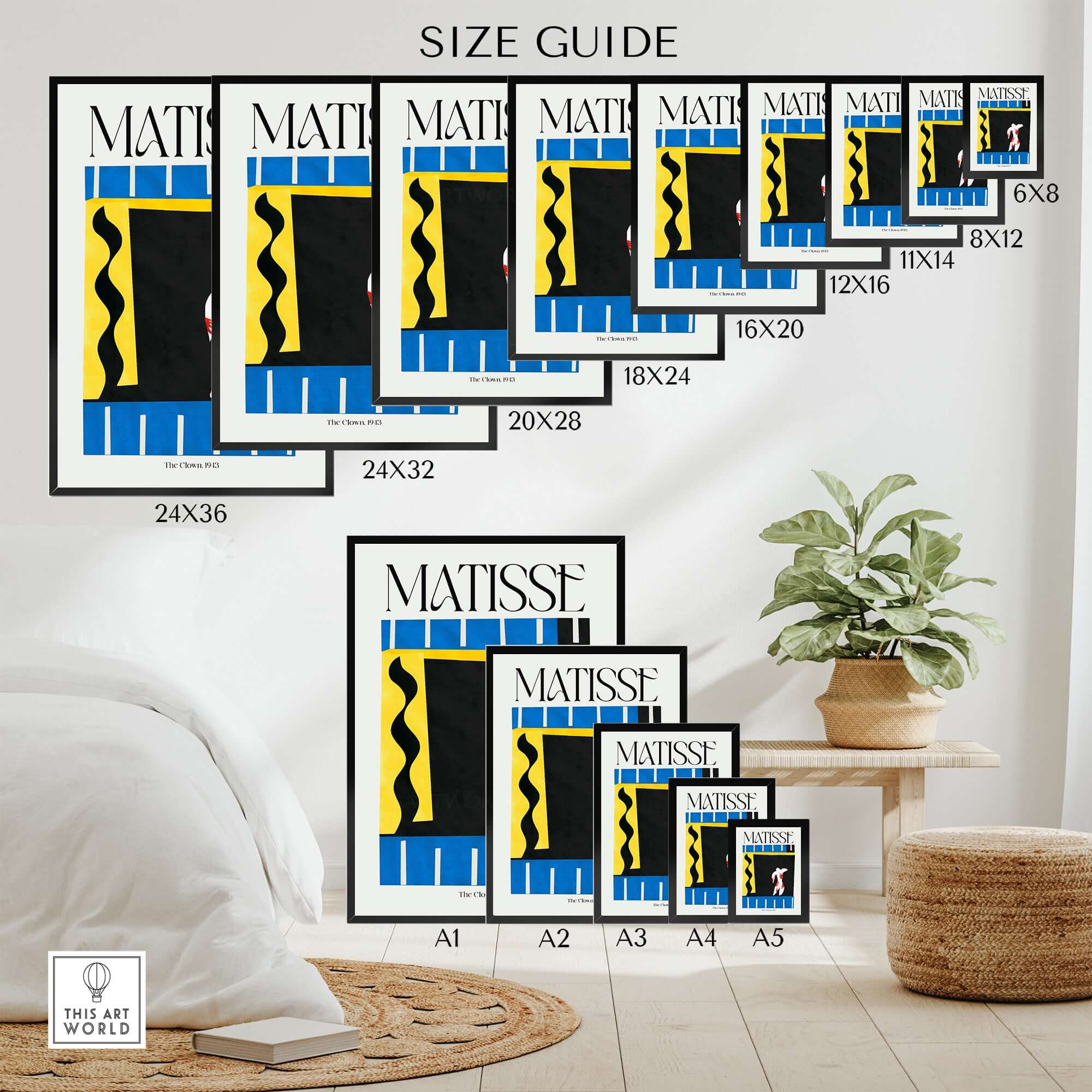 Size guide for Matisse Art Print - The Clown 1943 Jazz Series Abstract Figure Poster in various dimensions.