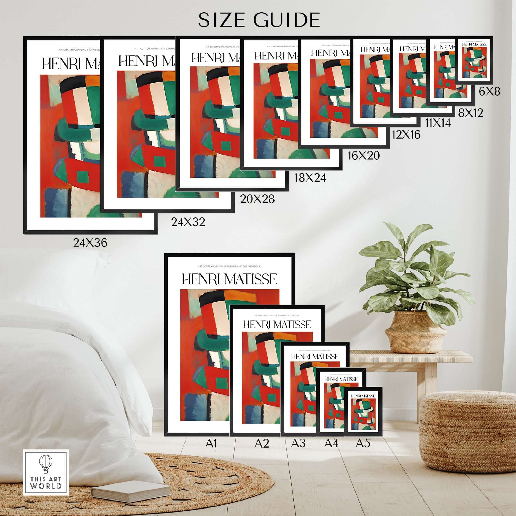 Matisse Art Prints - Abstract Figure with Hat Poster size guide showing various print dimensions in a modern setting.
